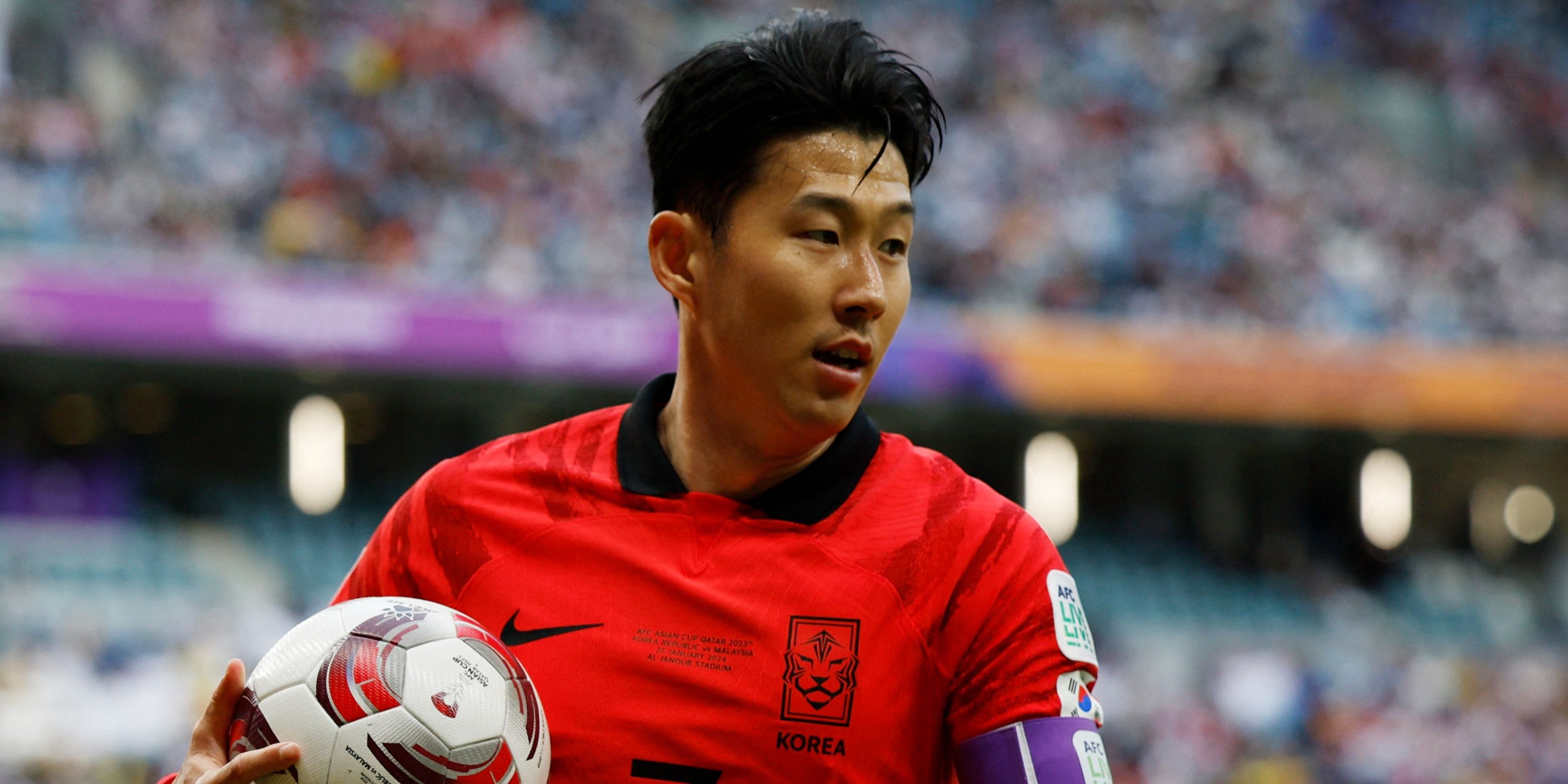 Son Heung-min for South Korea reacts.