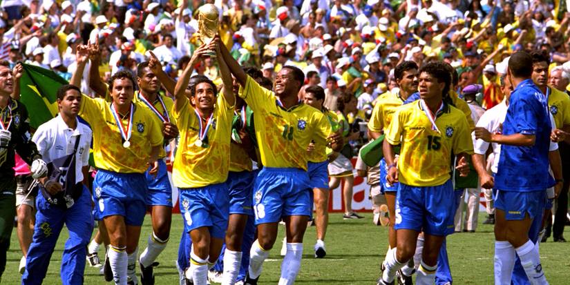 Brazil celebrate with the World Cup trophy in 1994.