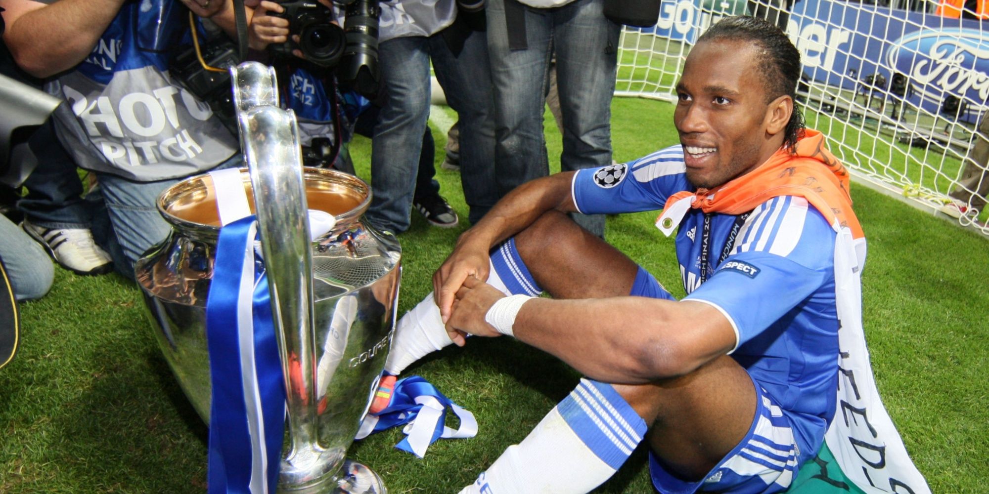 Didier Drogba celebrating winning the Champions League
