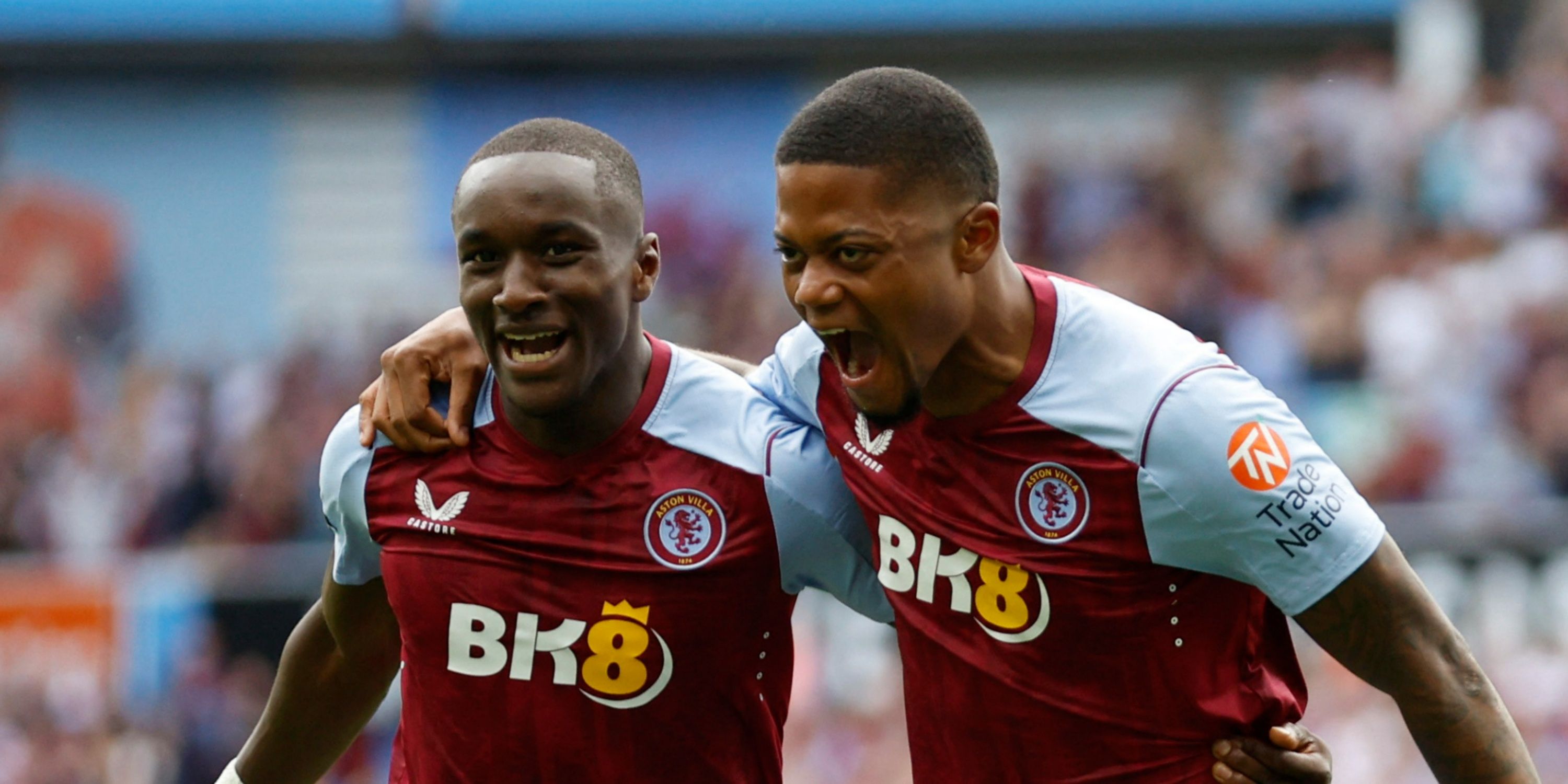 Moussa Diaby and Leon Bailey celebrate a goal for Aston Villa. 