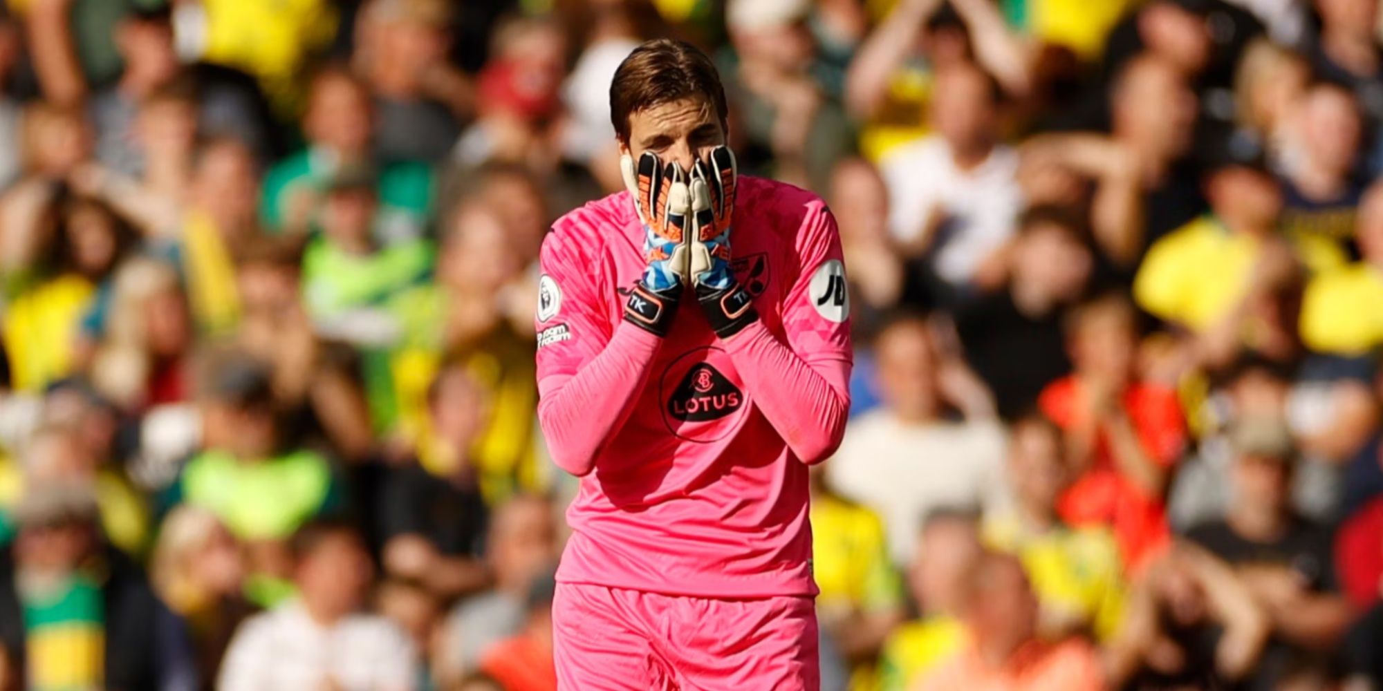 Norwich City Tim Krul puts his hands to his face after conceding a goal. 