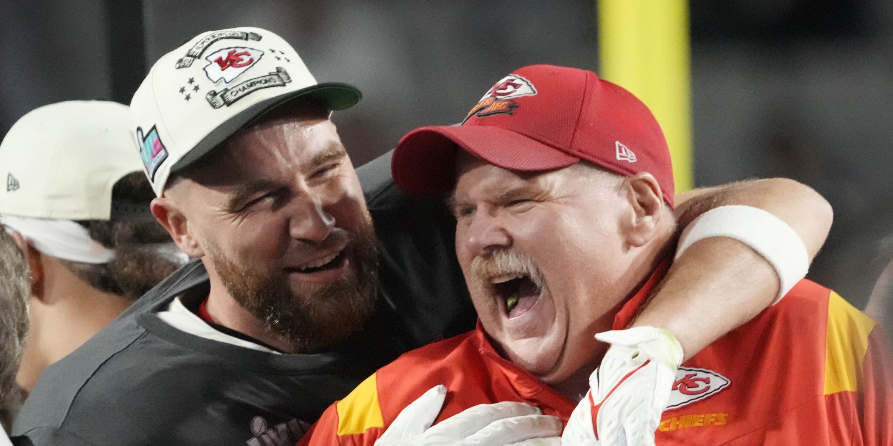 Travis Kelce and Andy Reid celebrate a Super Bowl victory 