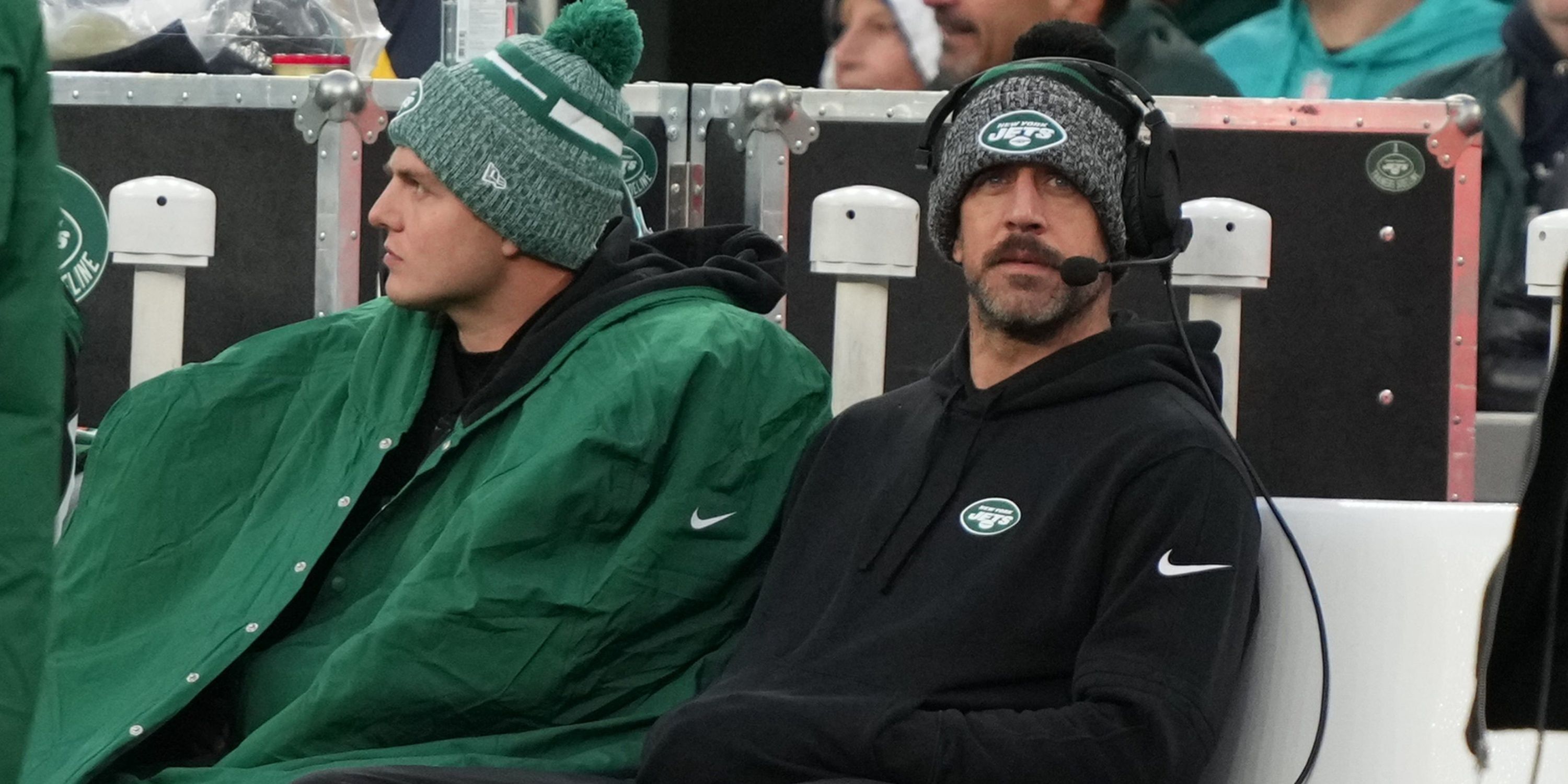 Zach Wilson and Aaron Rodgers on the sideline 