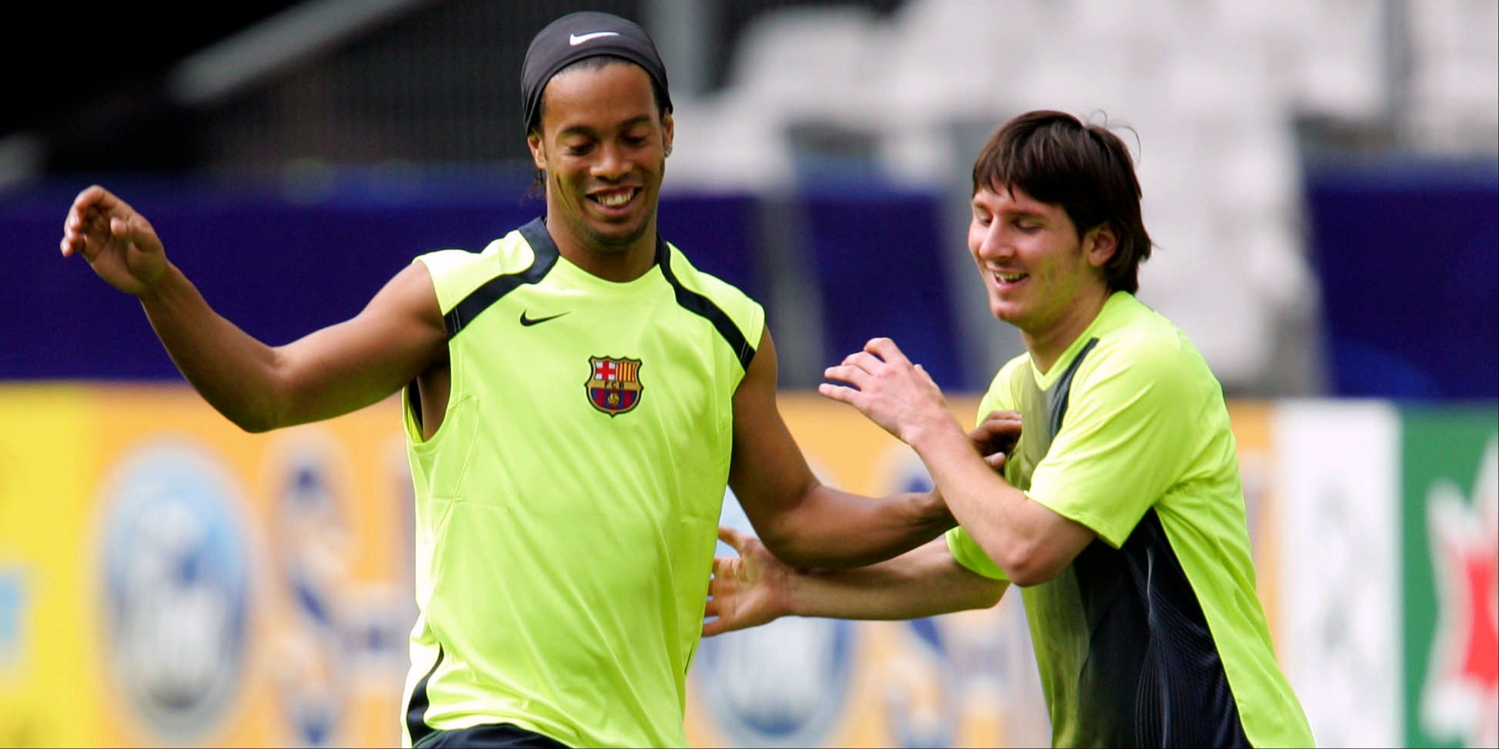 Ronaldinho and Lionel Messi in training