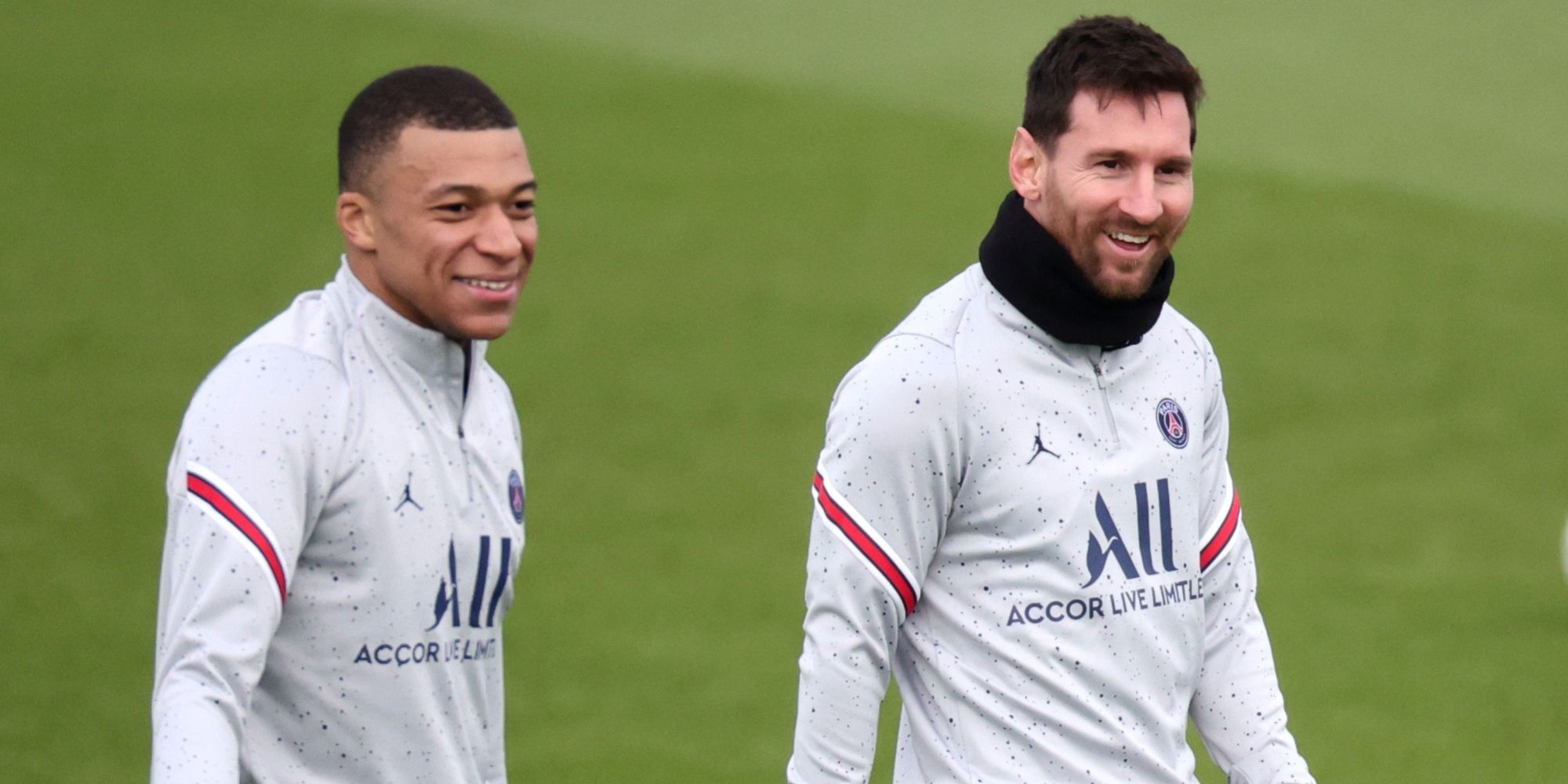 Kylian Mbappe and Lionel Messi in training