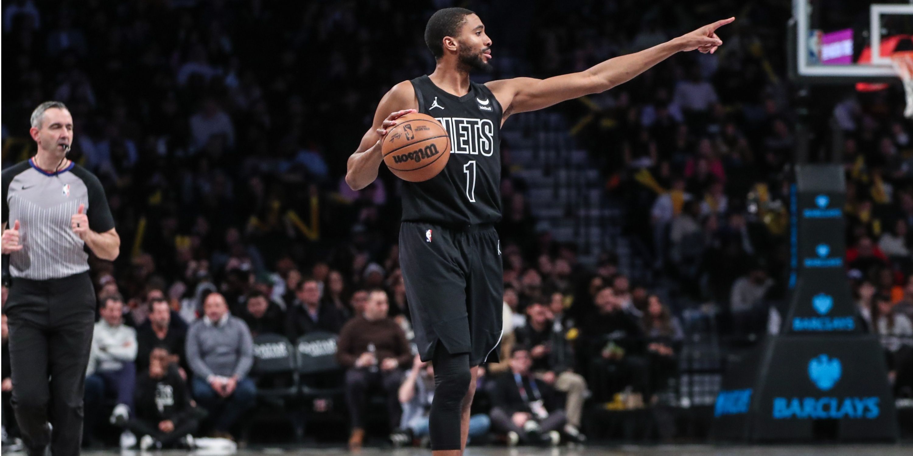 Nets forward Mikal Bridges motions towards teammates