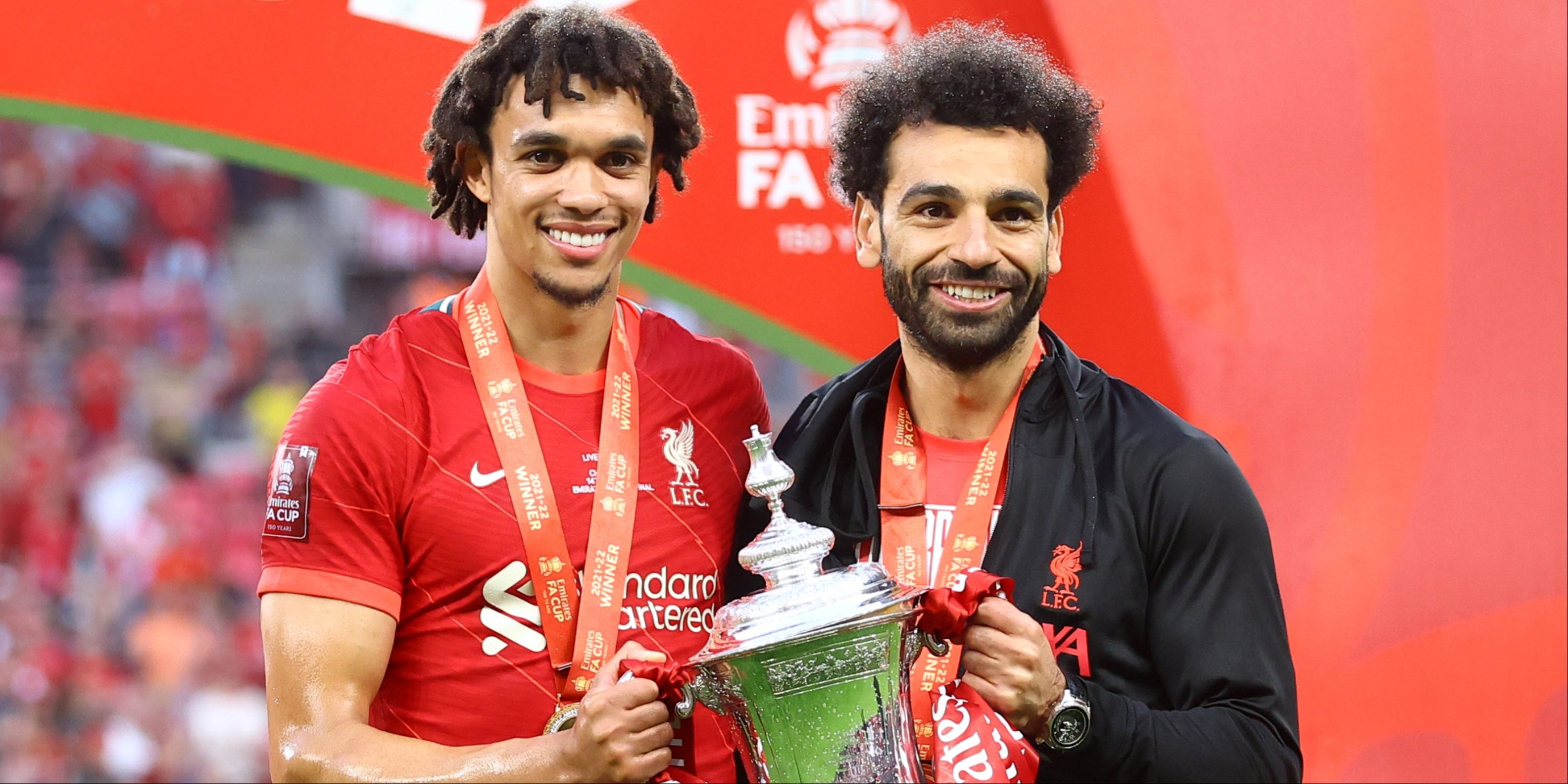 Trent Alexander-Arnold and Mohamed Salah with the FA Cup trophy