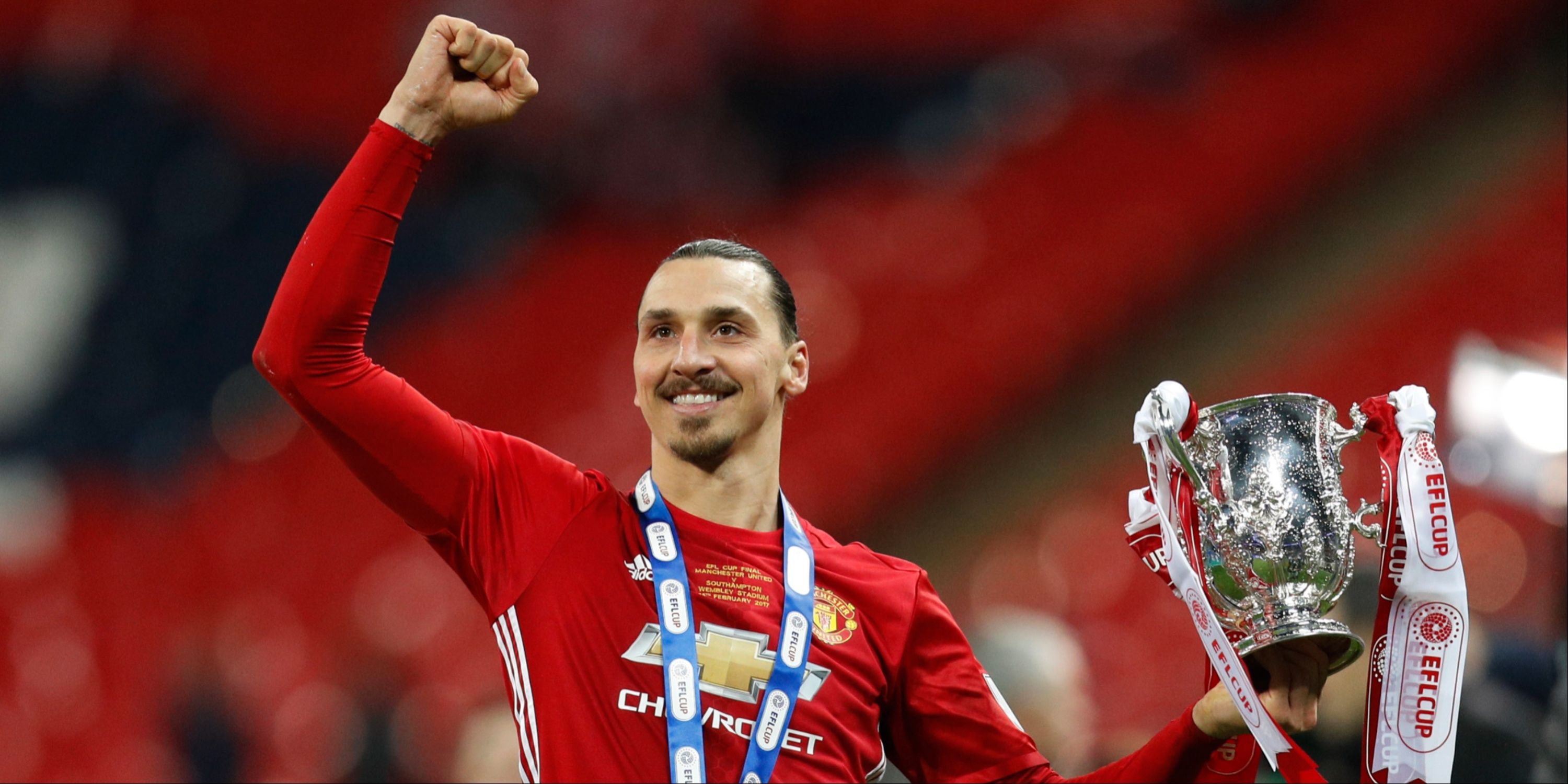 Zlatan Ibrahimovic celebrates winning the EFL Cup with Manchester United