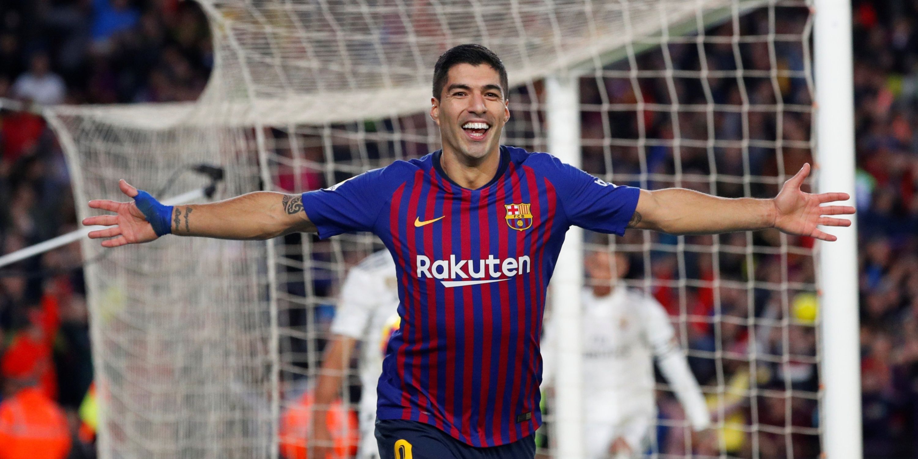 Luis Suarez celebrates a goal for Barcelona