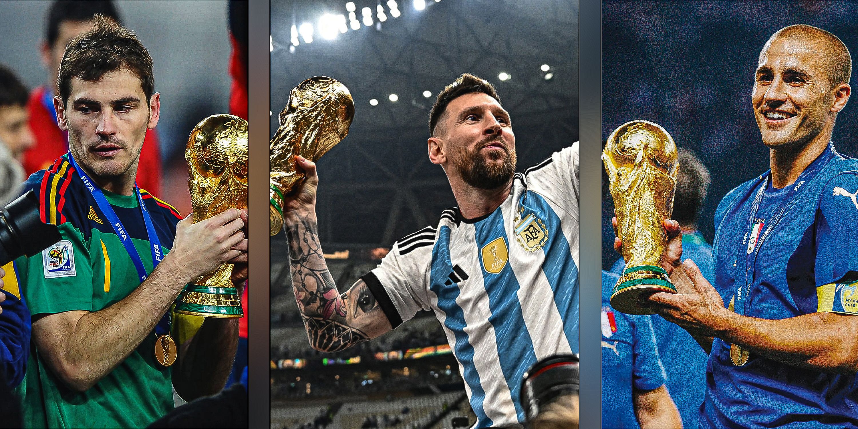 Spain's Iker Casillas, Argentina's Lionel Messi and Italy's Fabio Cannavaro holding the World Cup.