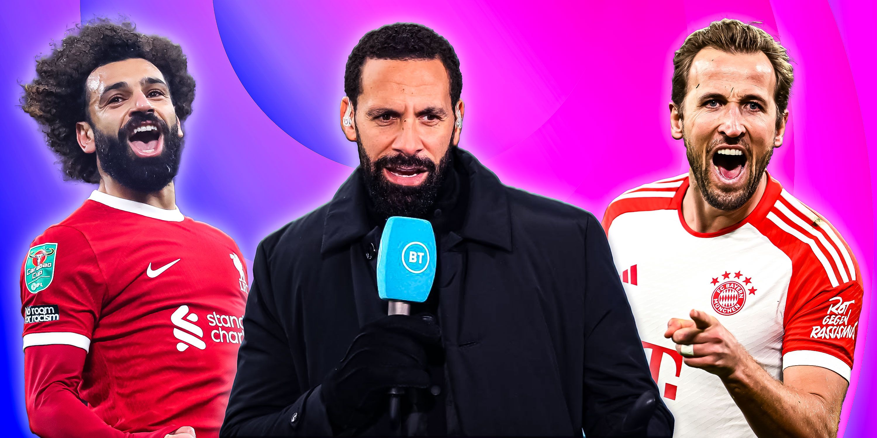 Rio Ferdinand as a pundit with Harry Kane and Mohamed Salah celebrating