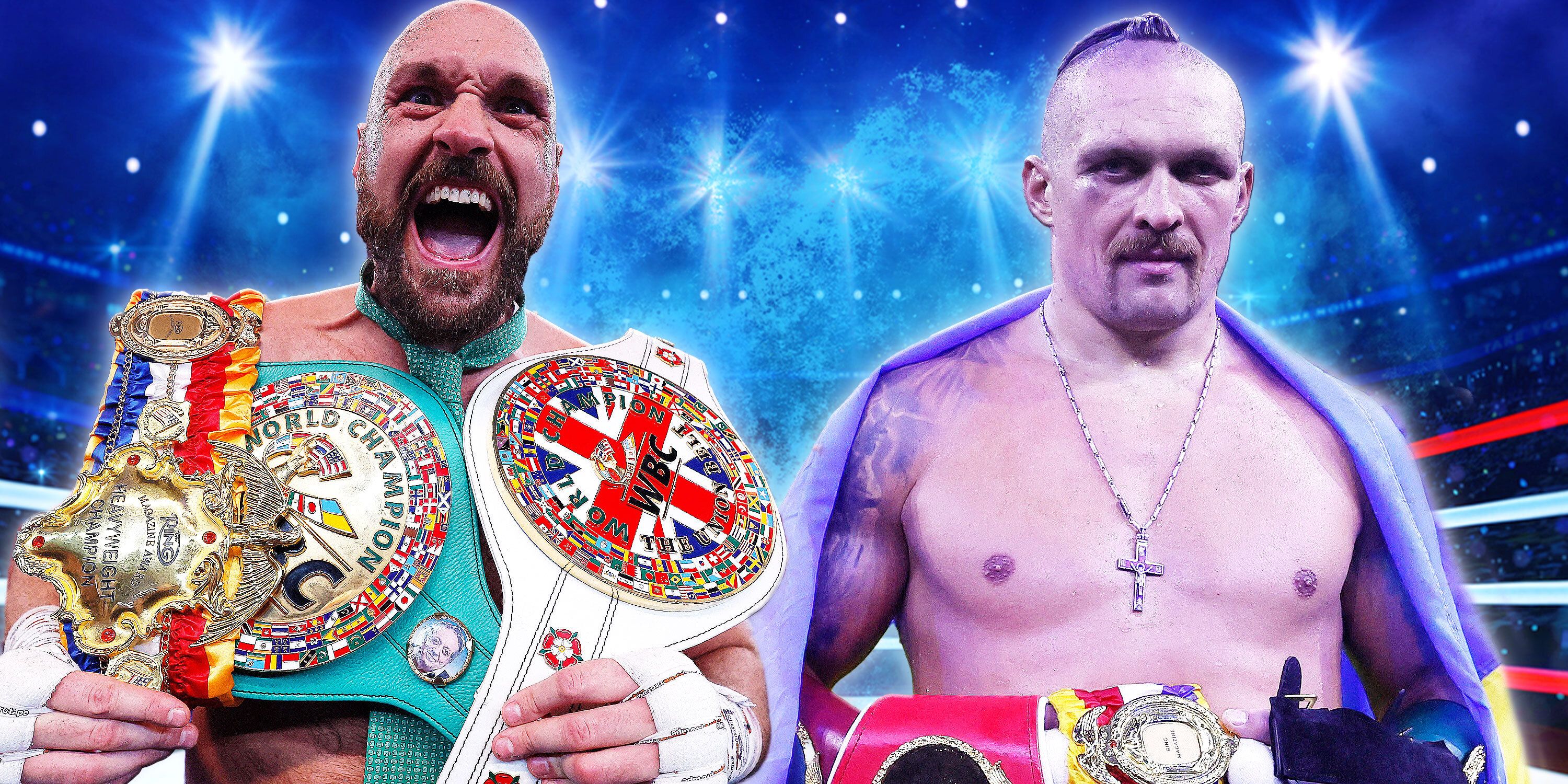 Tyson Fury and Oleksandr Usyk showing off their belts.