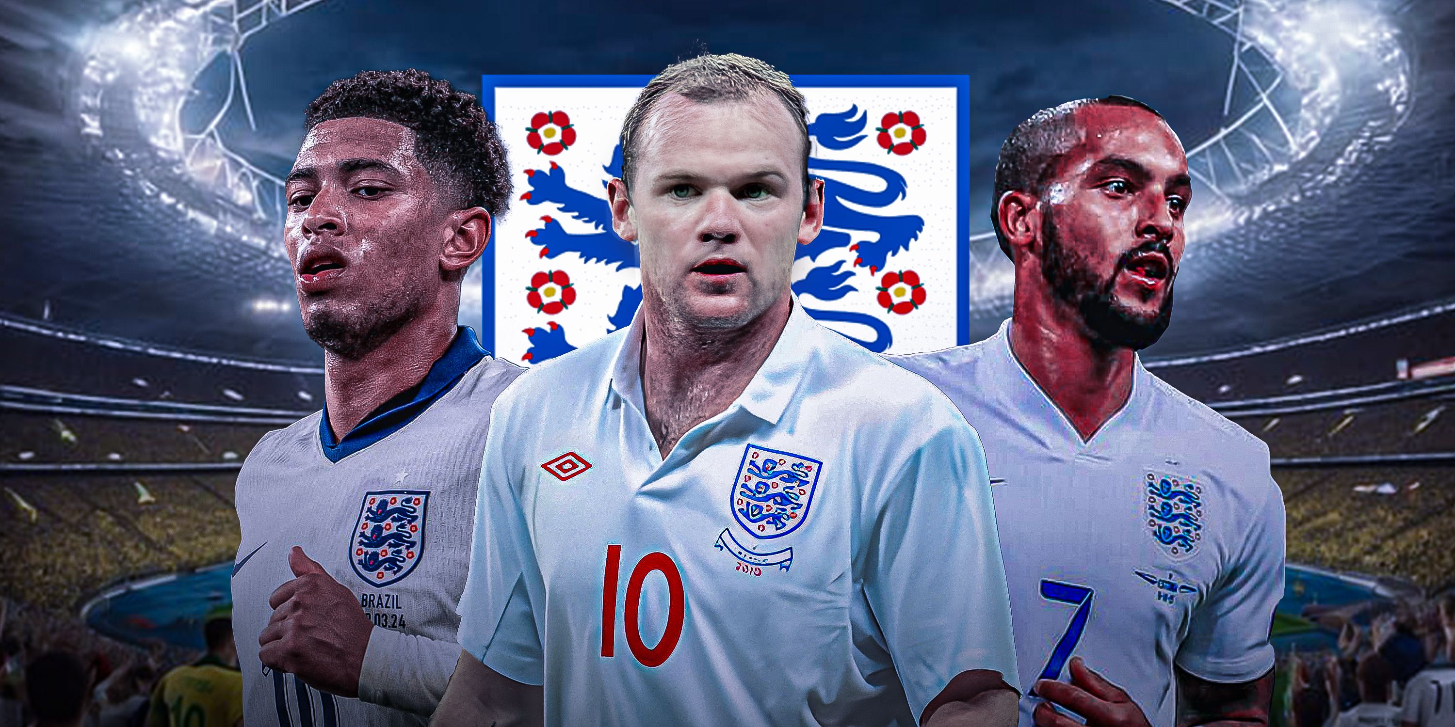 Composite image of Jude Bellingham, Wayne Rooney and Theo Walcott in action for England
