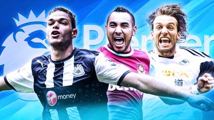 Hatem Ben Arfa at Newcastle, Michu at Swansea and Dimitri Payet at West Ham with a Premier League badge in the background