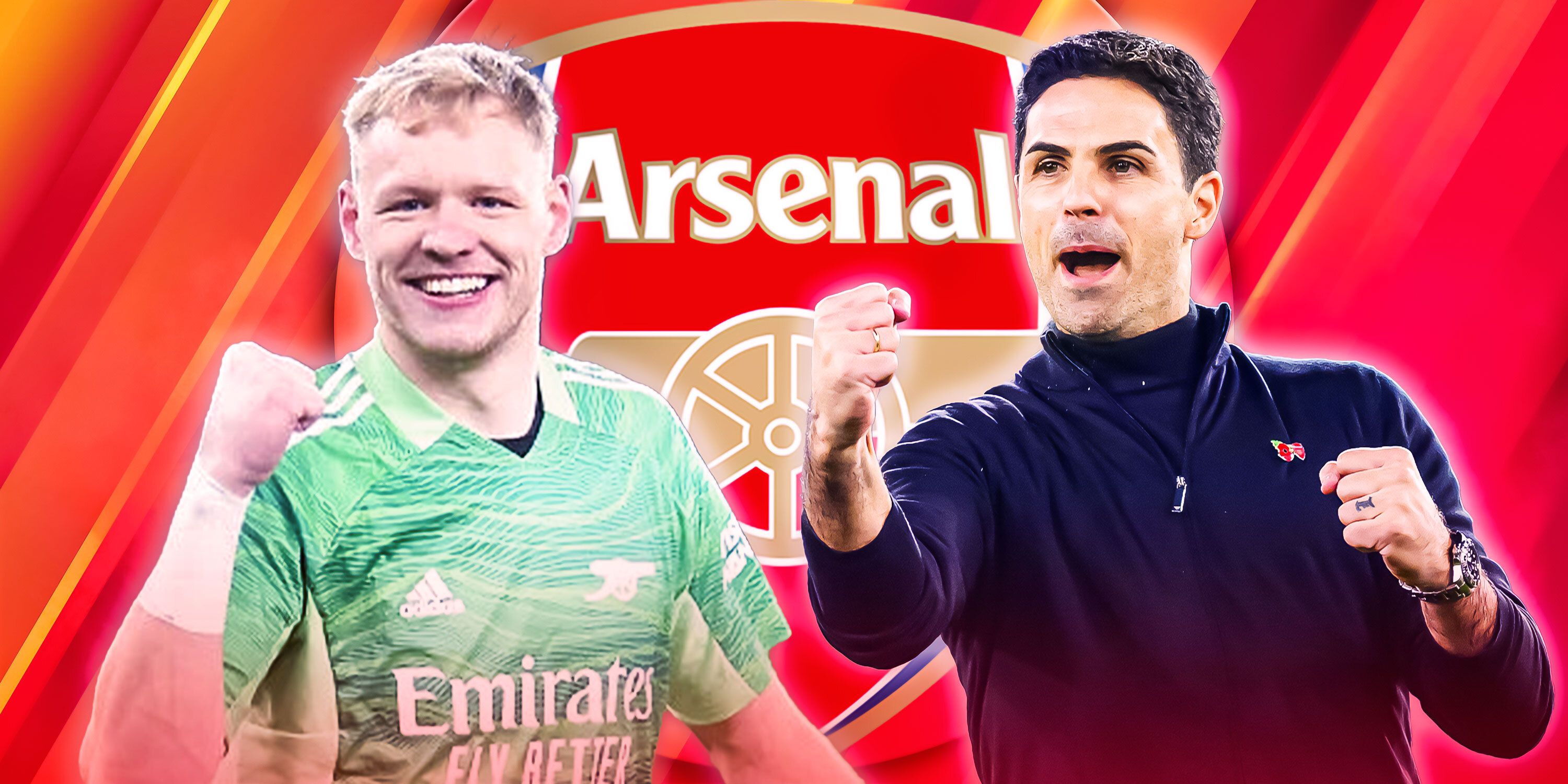 Arsenal goalkeeper Aaron Ramsdale and boss Mikel Arteta celebrating in front of the Gunners' badge