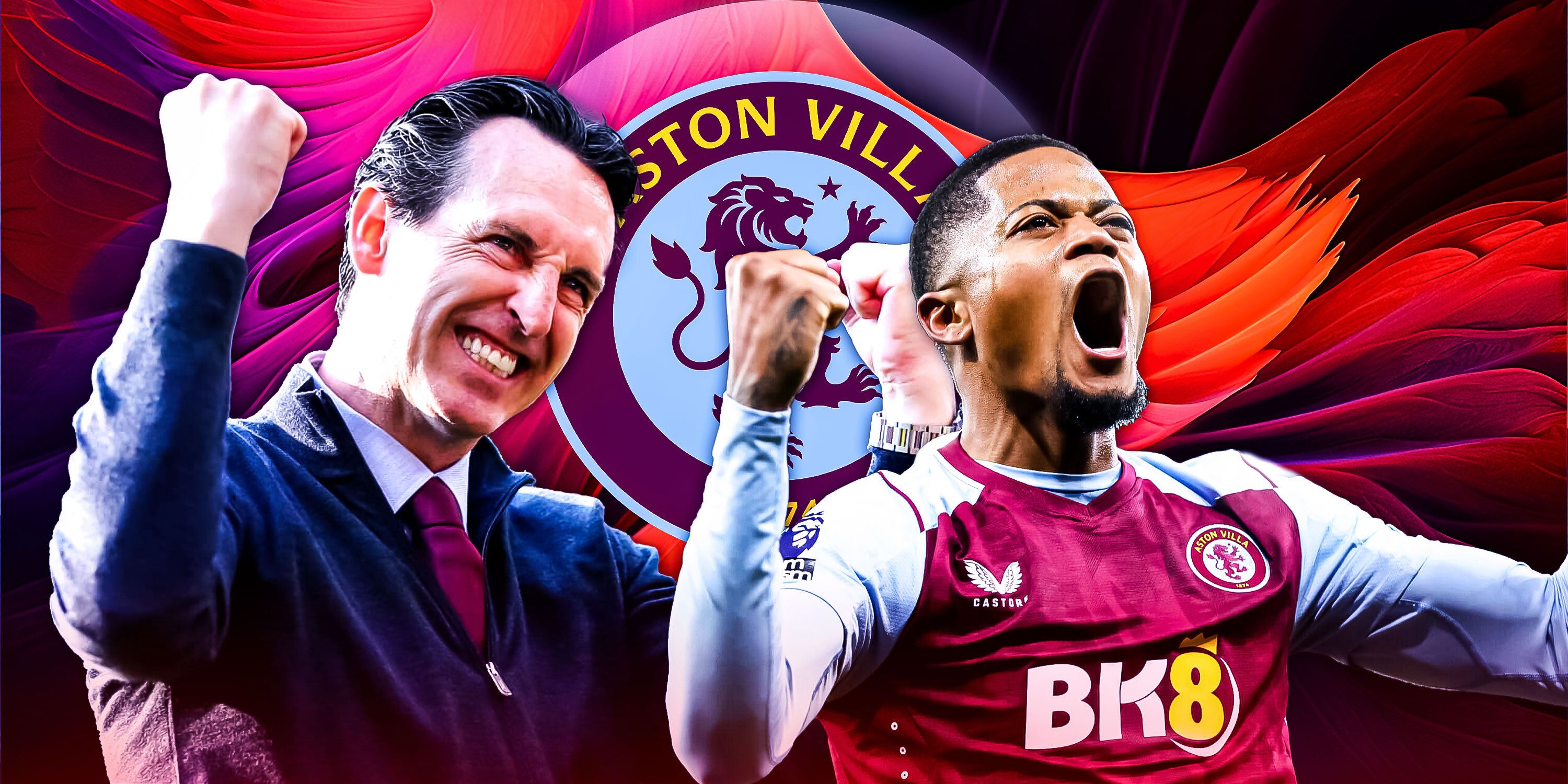 Aston Villa boss Unai Emery and winger Leon Bailey celebrating