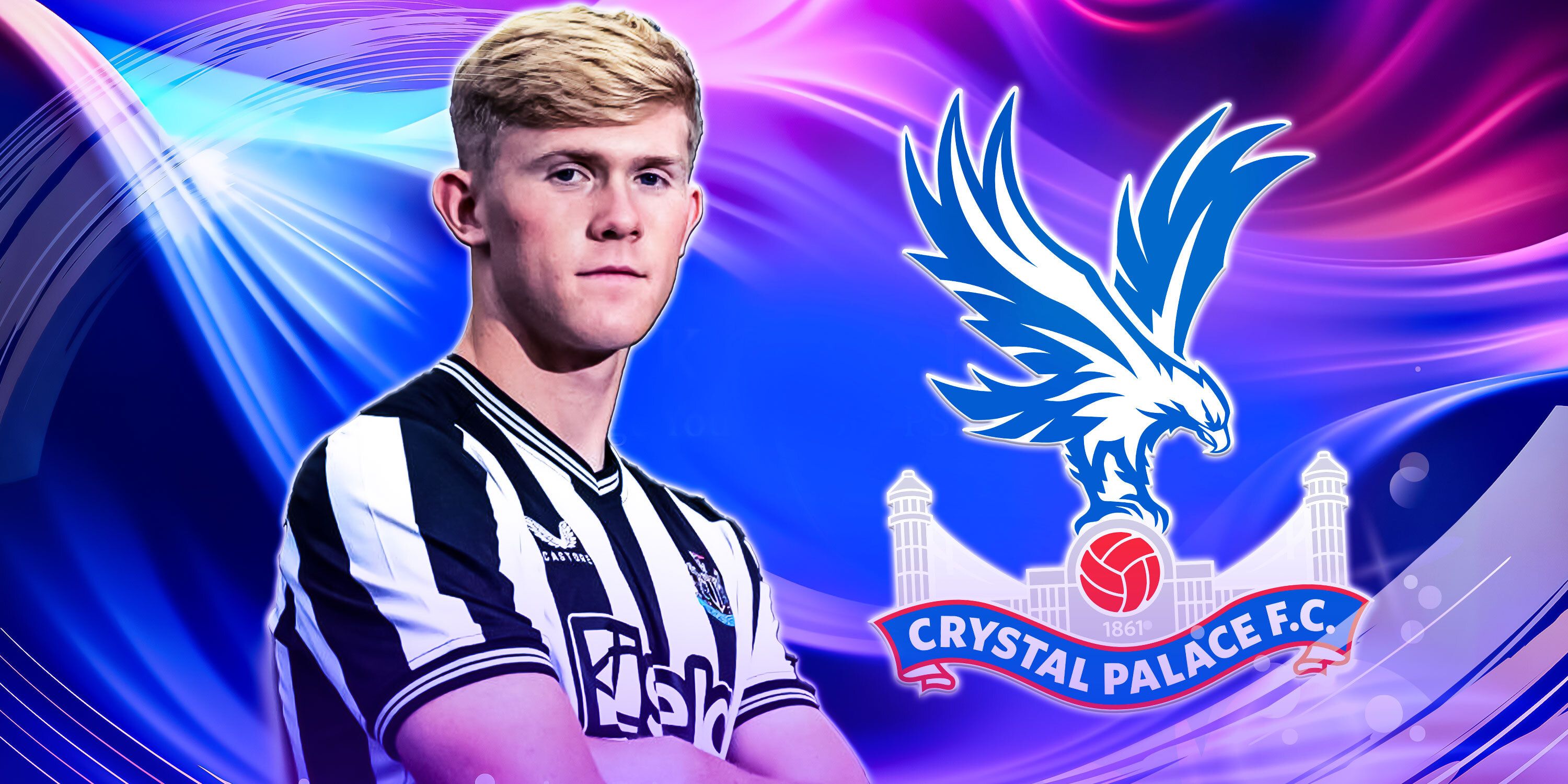 Newcastle United left-back Lewis Hall and the Crystal Palace badge