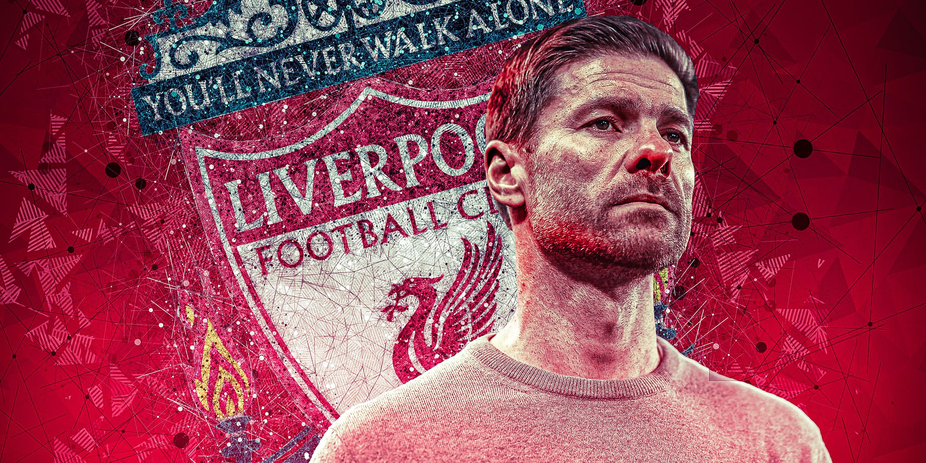 Bayer Leverkusen manager Xabi Alonso in front of a Liverpool badge
