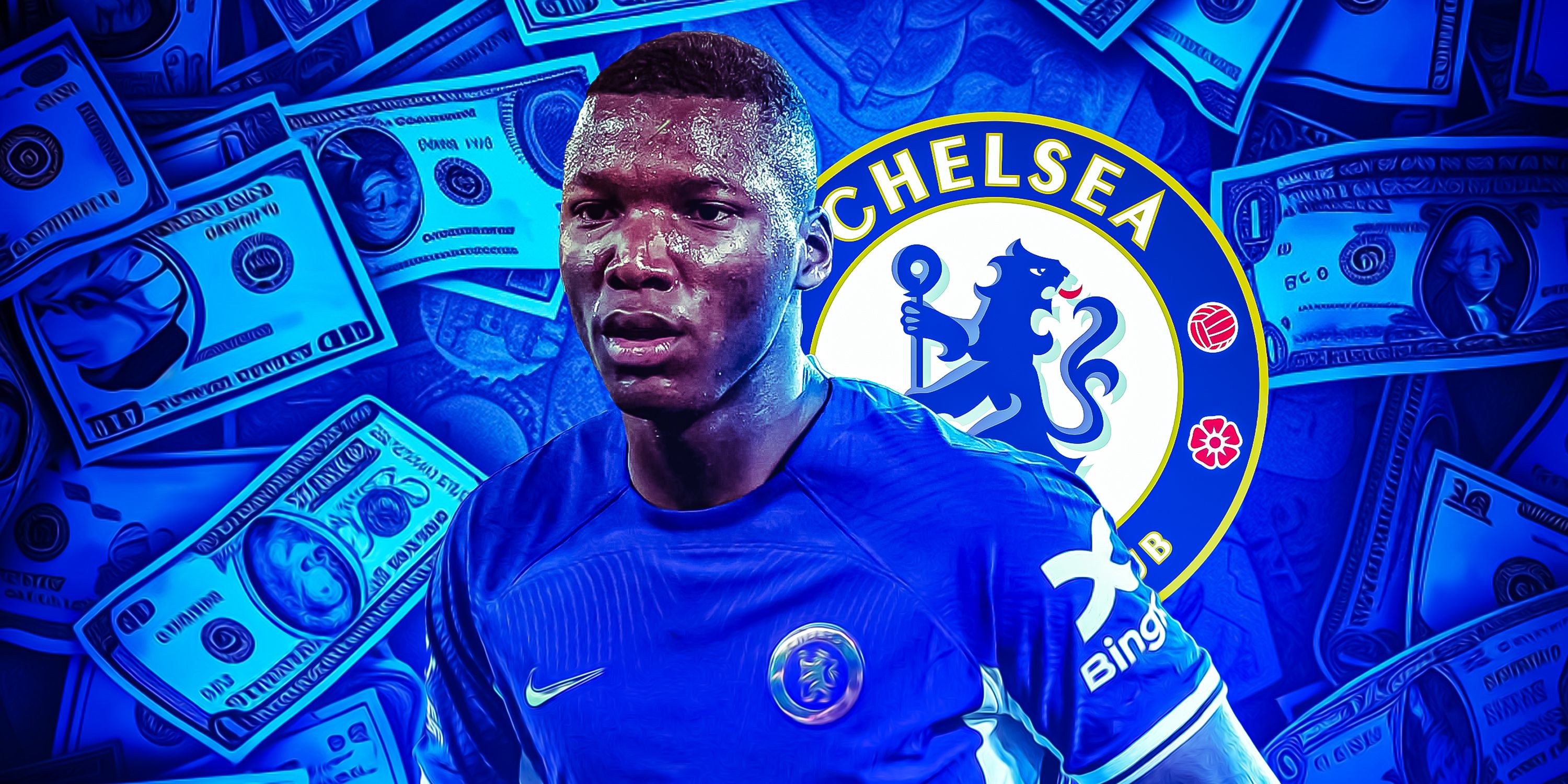 Moises Caicedo in front of the Chelsea and money background