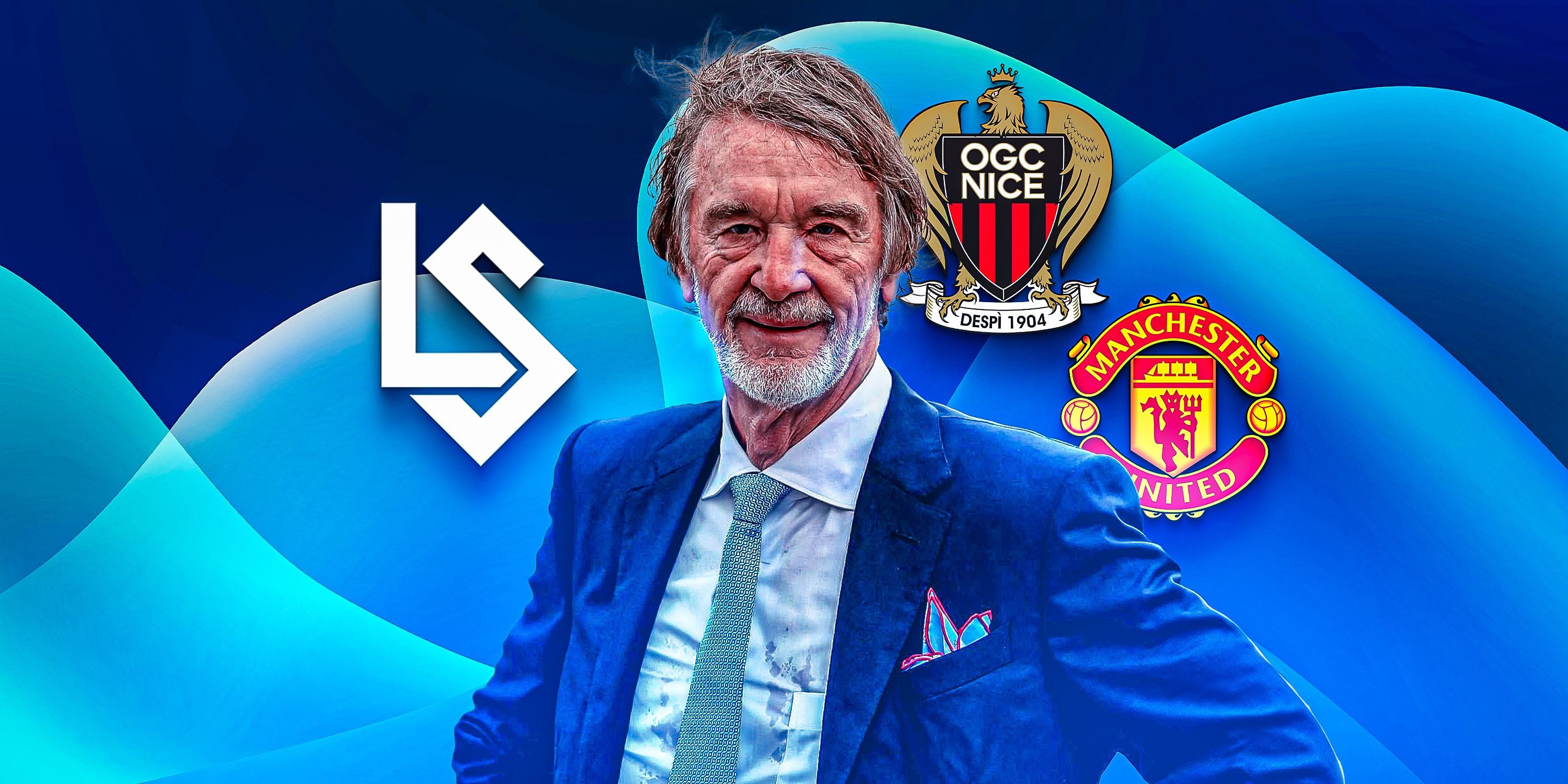 Image of Jim Ratcliffe in front of the 3 football teams he owns