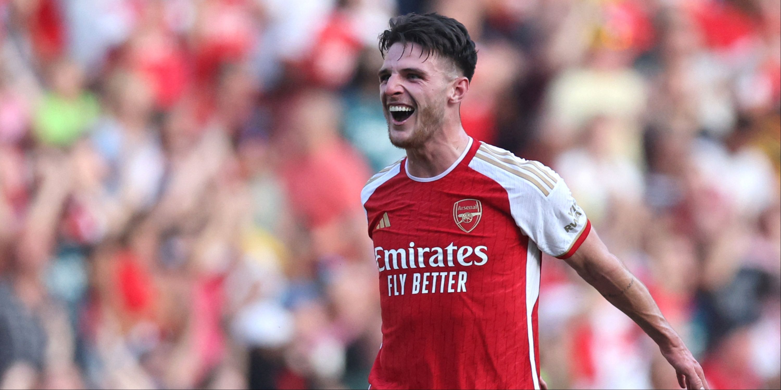 Declan Rice celebrates a victory for Arsenal. 