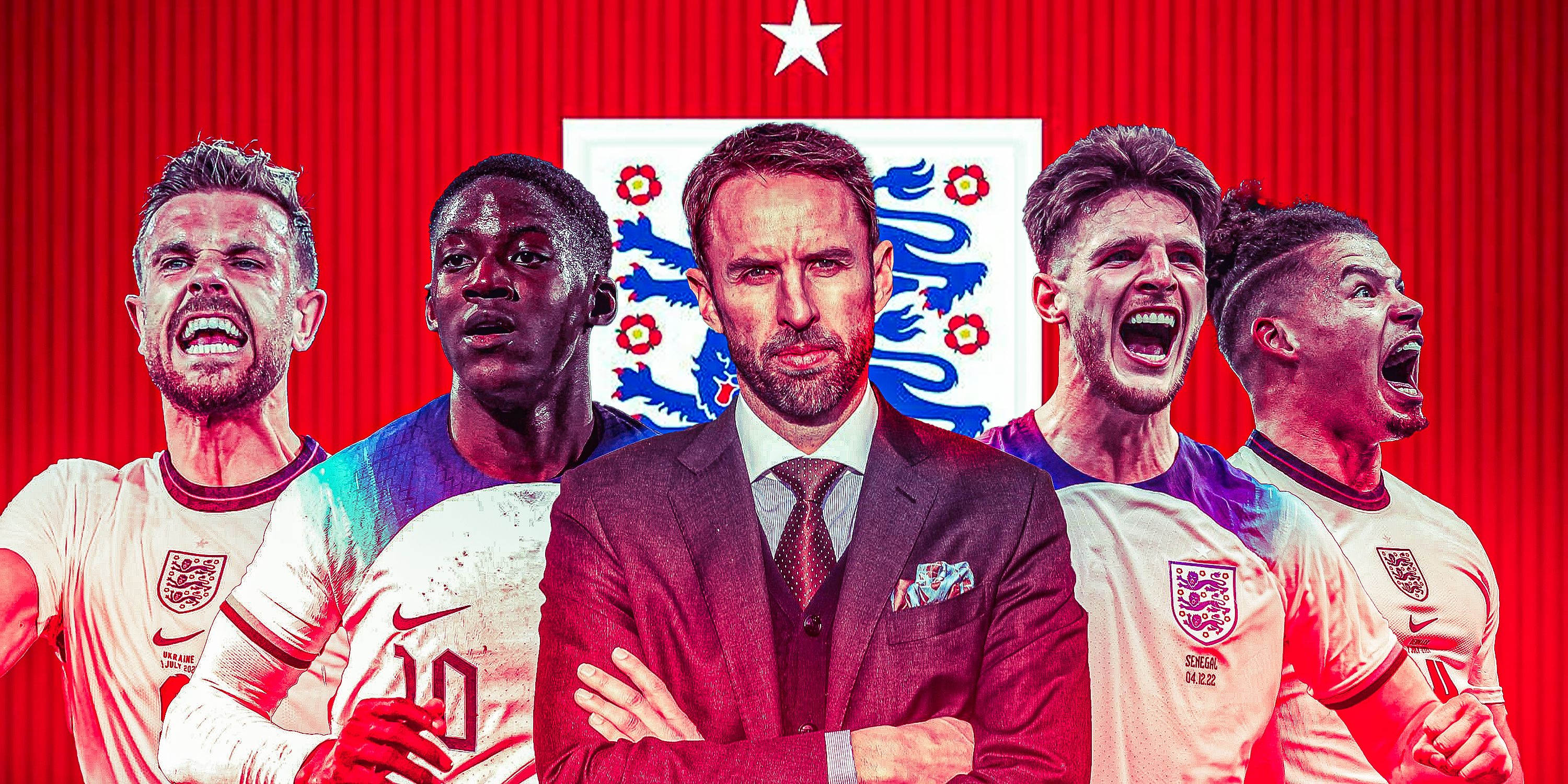 Kobbie Mainoo, Declan Rice, Kalvin Phillips and Jordan Henderson with Gareth Southgate in the middle and an England badge