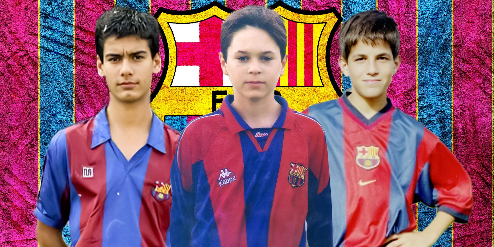 young Pep Guardiola, Andres Iniesta and Cesc Fabregas at Barcelona with the club badge in background