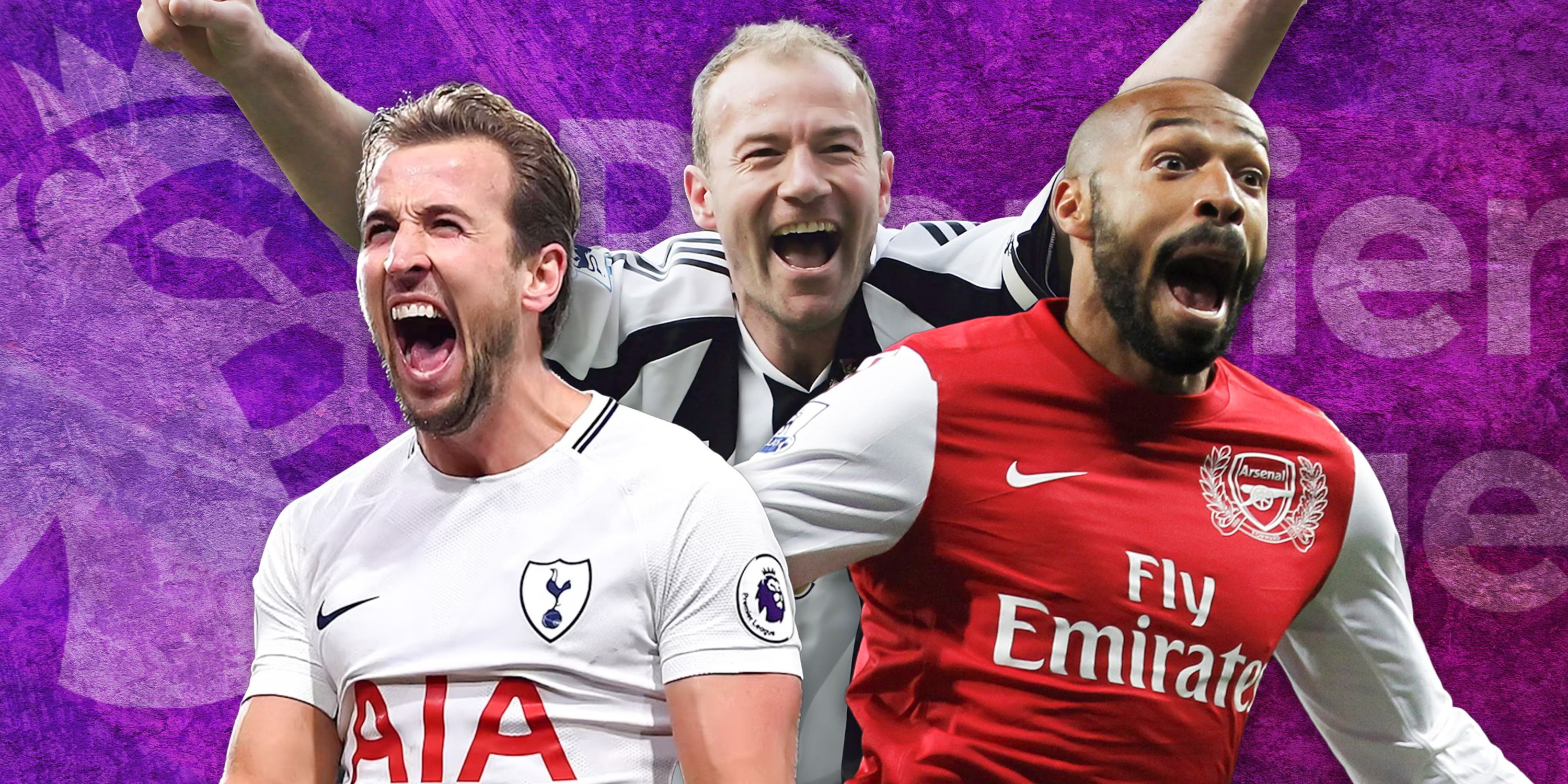 Tottenham's Harry Kane, Newcastle's Alan Shearer and Arsenal's Thierry Henry celebrating.