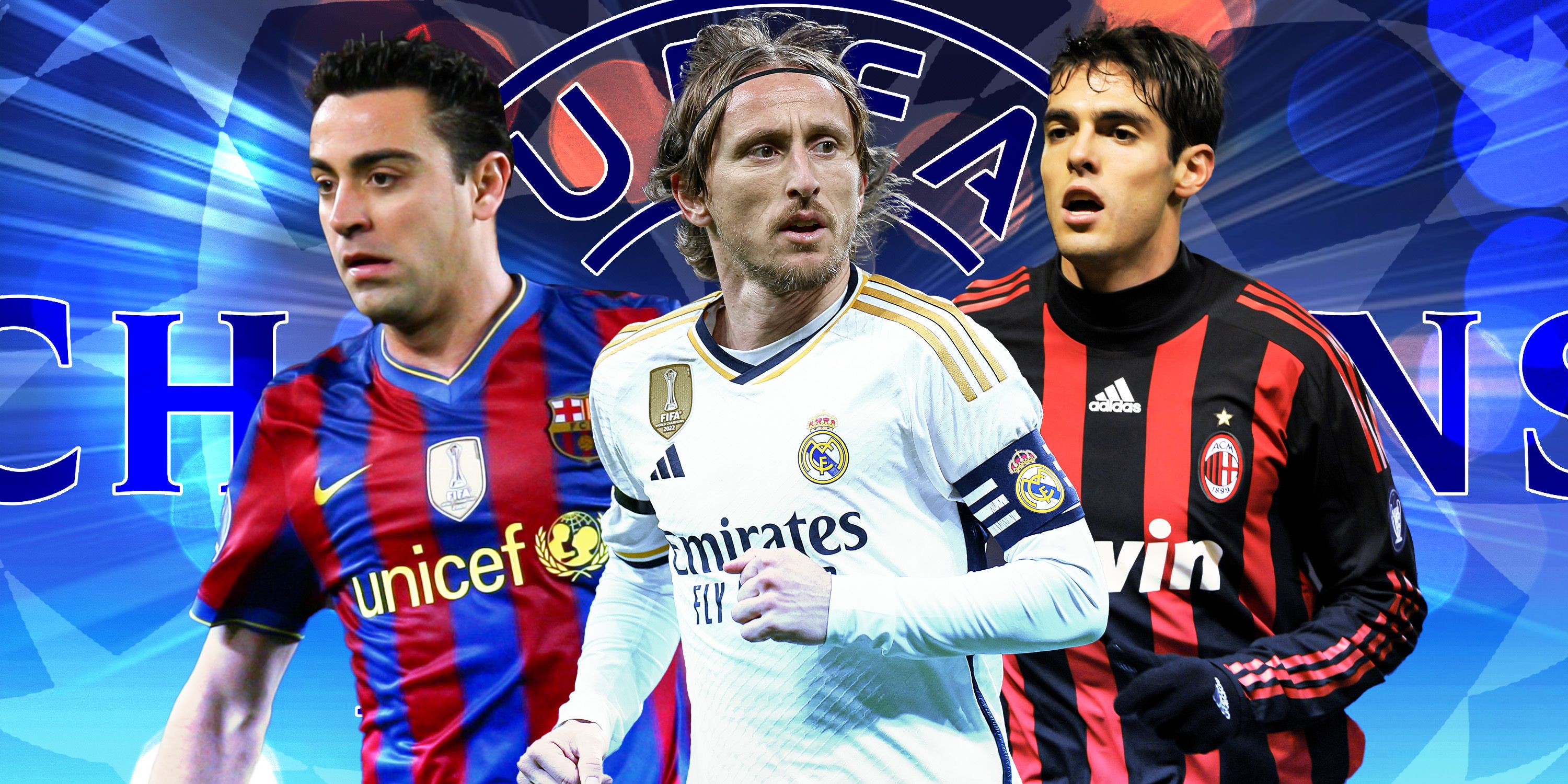 Luka Modric at Real Madrid, Xavi Hernandez at Barcelona, Kaka at AC Milan with Champions League iconography in background