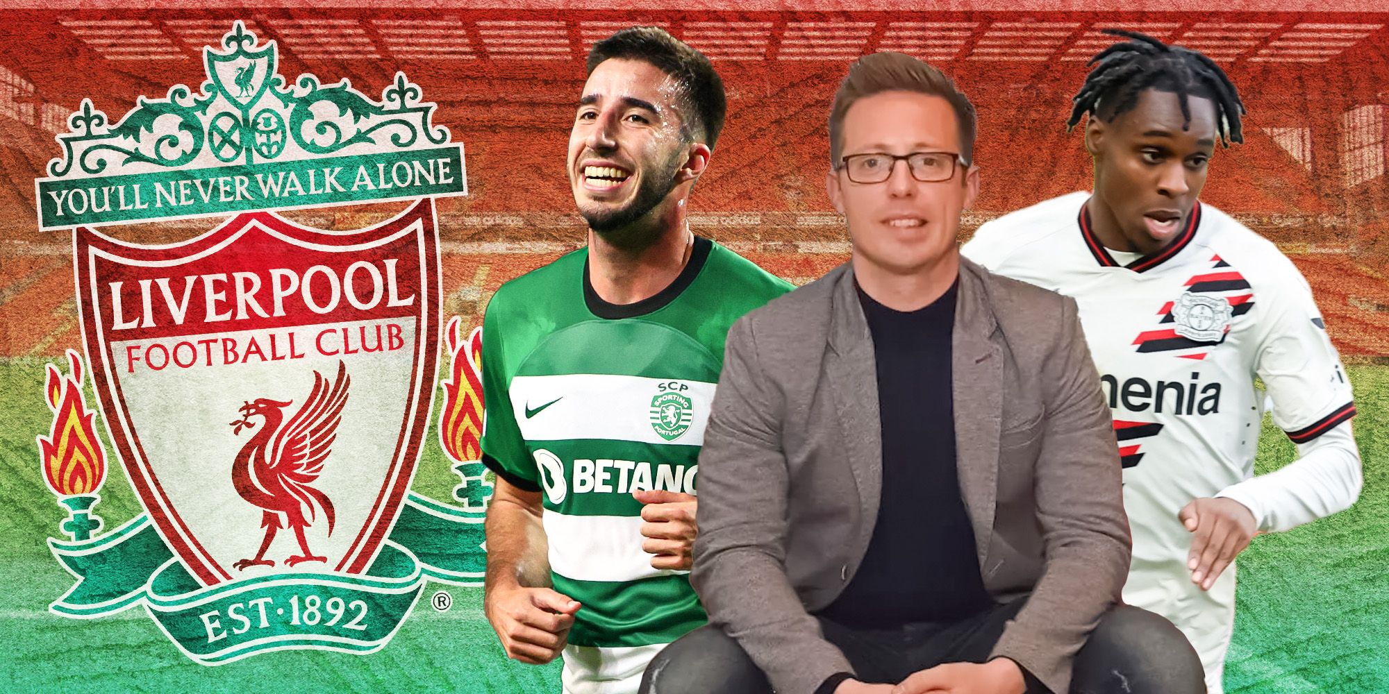 : Michael Edwards with Jeremie Frimpong and Goncalo Inacio on either side and a Liverpool badge behind