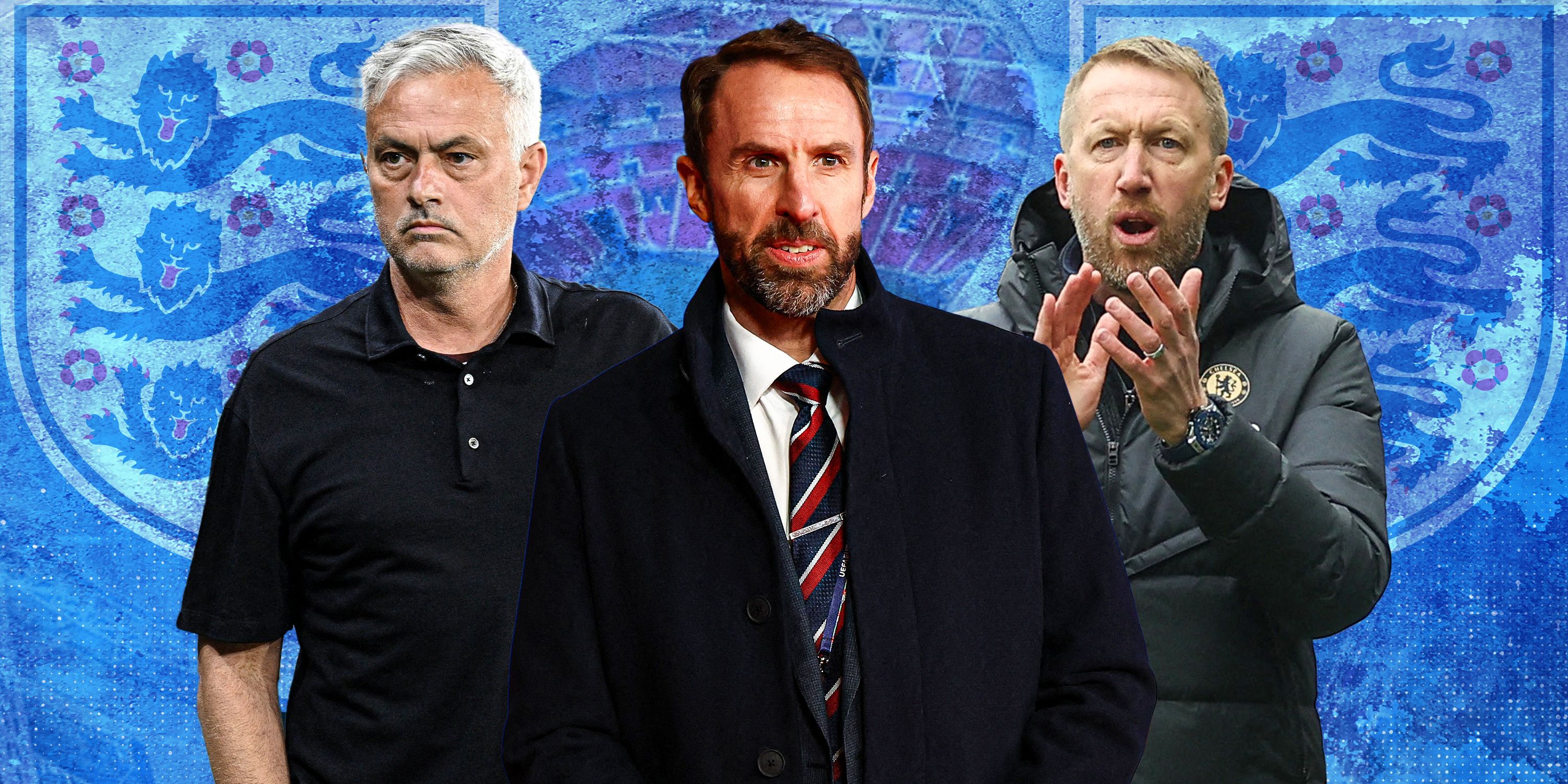 Gareth Southgate in the middle with Jose Mourinho and Graham Potter on either side - plus an England football badge