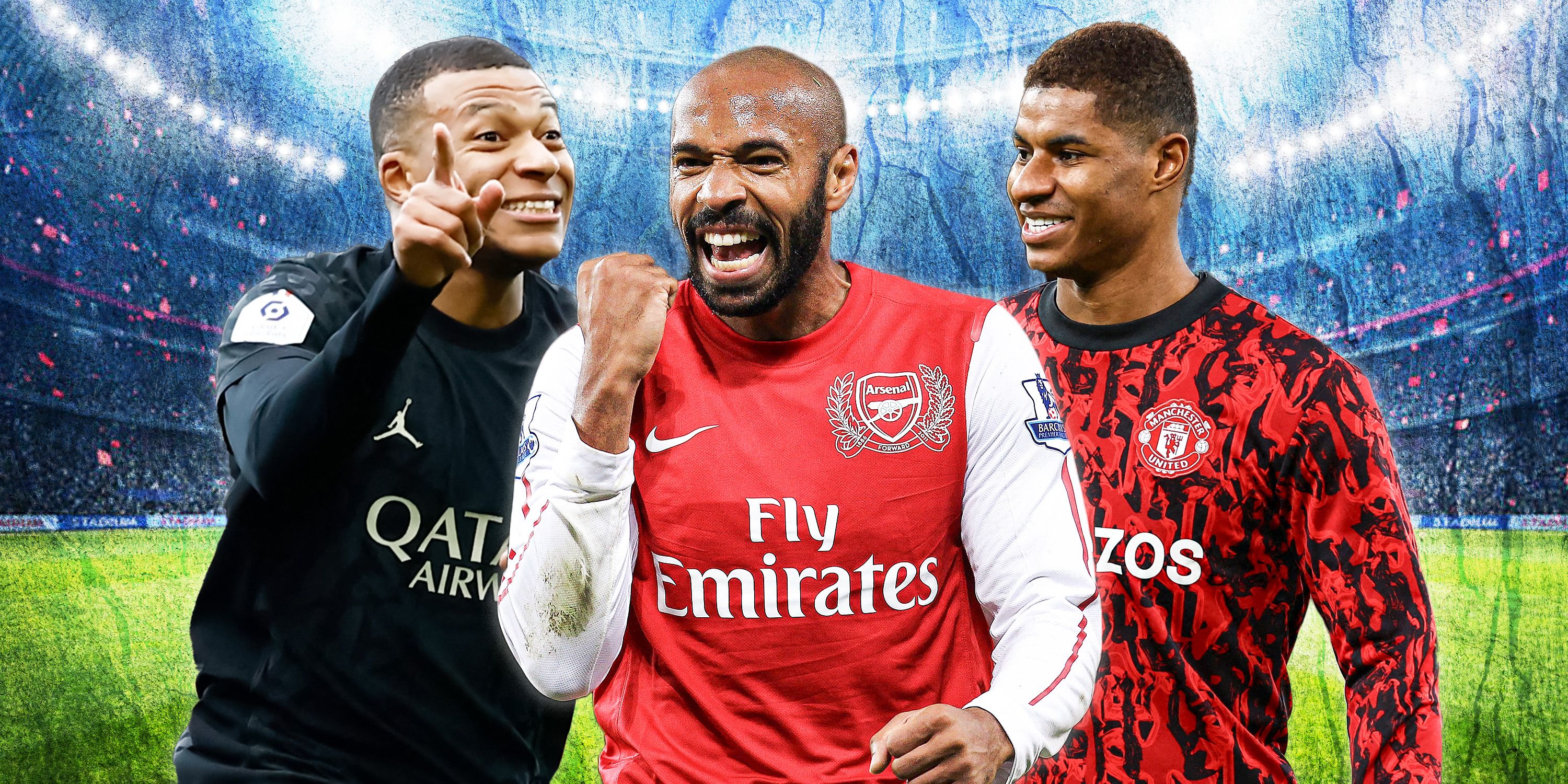 Arsenal's Thierry Henry flanked by PSG's Kylian Mbappe and Manchester United's Marcus Rashford, two of the many players inspired the Frenchman