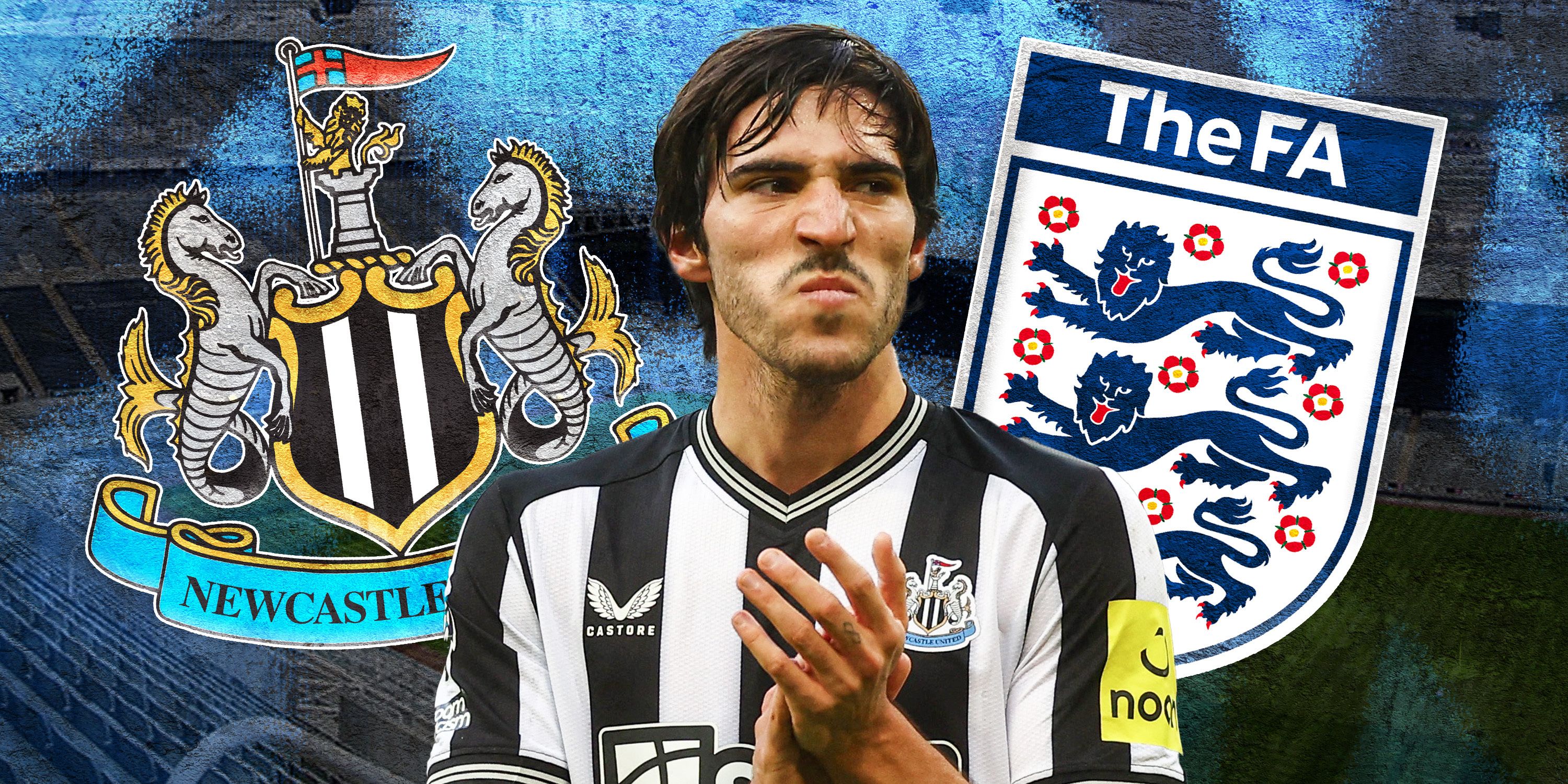 Sandro Tonali looking sad with Newcastle badge and the FA logo