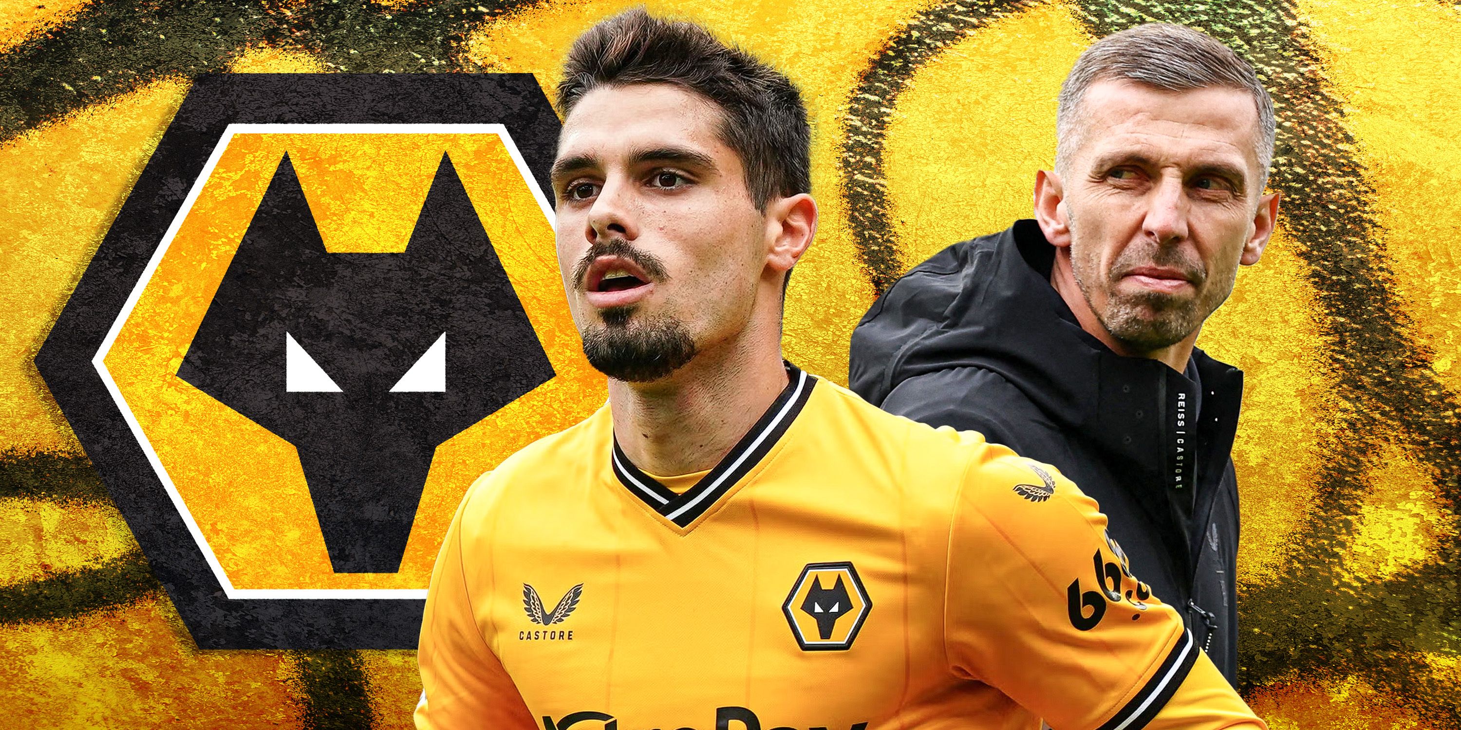 Pedro Neto and Gary O'Neil with a Wolves logo 