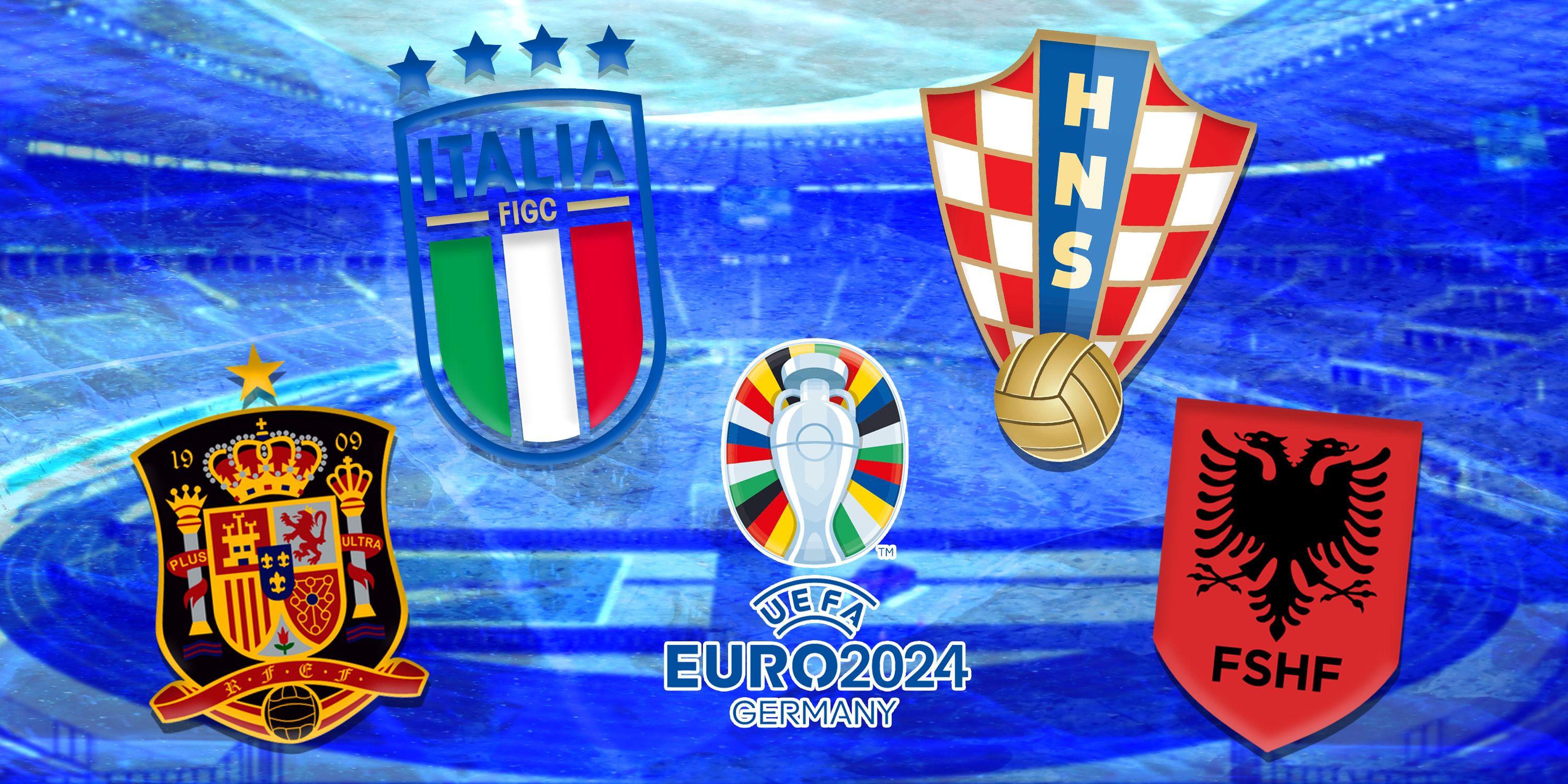 Euro 2024 Group of Death featuring Spain, Italy, Croatia and Albania badges