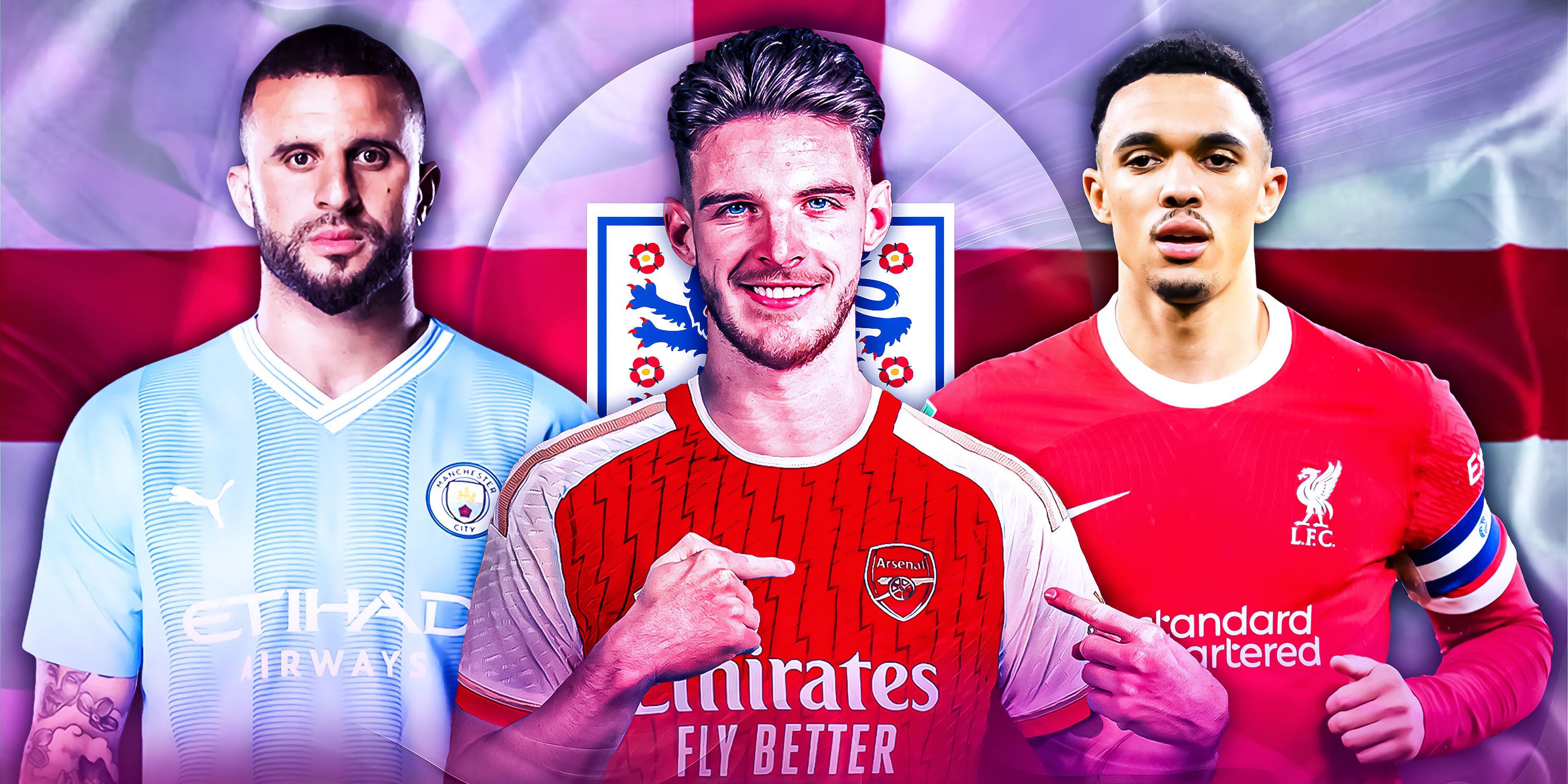 A composite image of Manchester City's Kyle Walker, Declan Rice of Arsenal and Liverpool full-back Trent Alexander Arnold