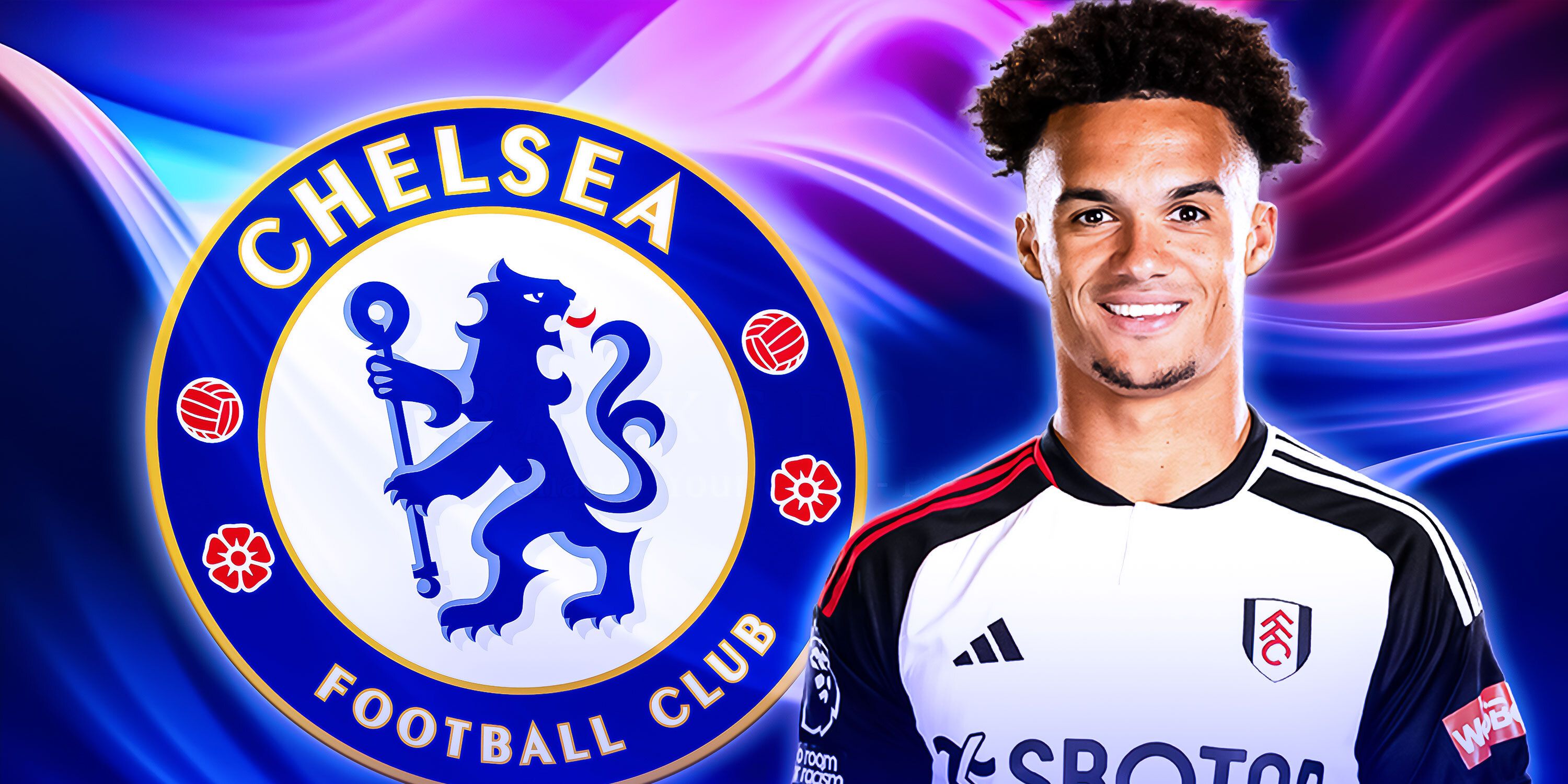 Fulham left-back Antonee Robinson in front of a Chelsea bage
