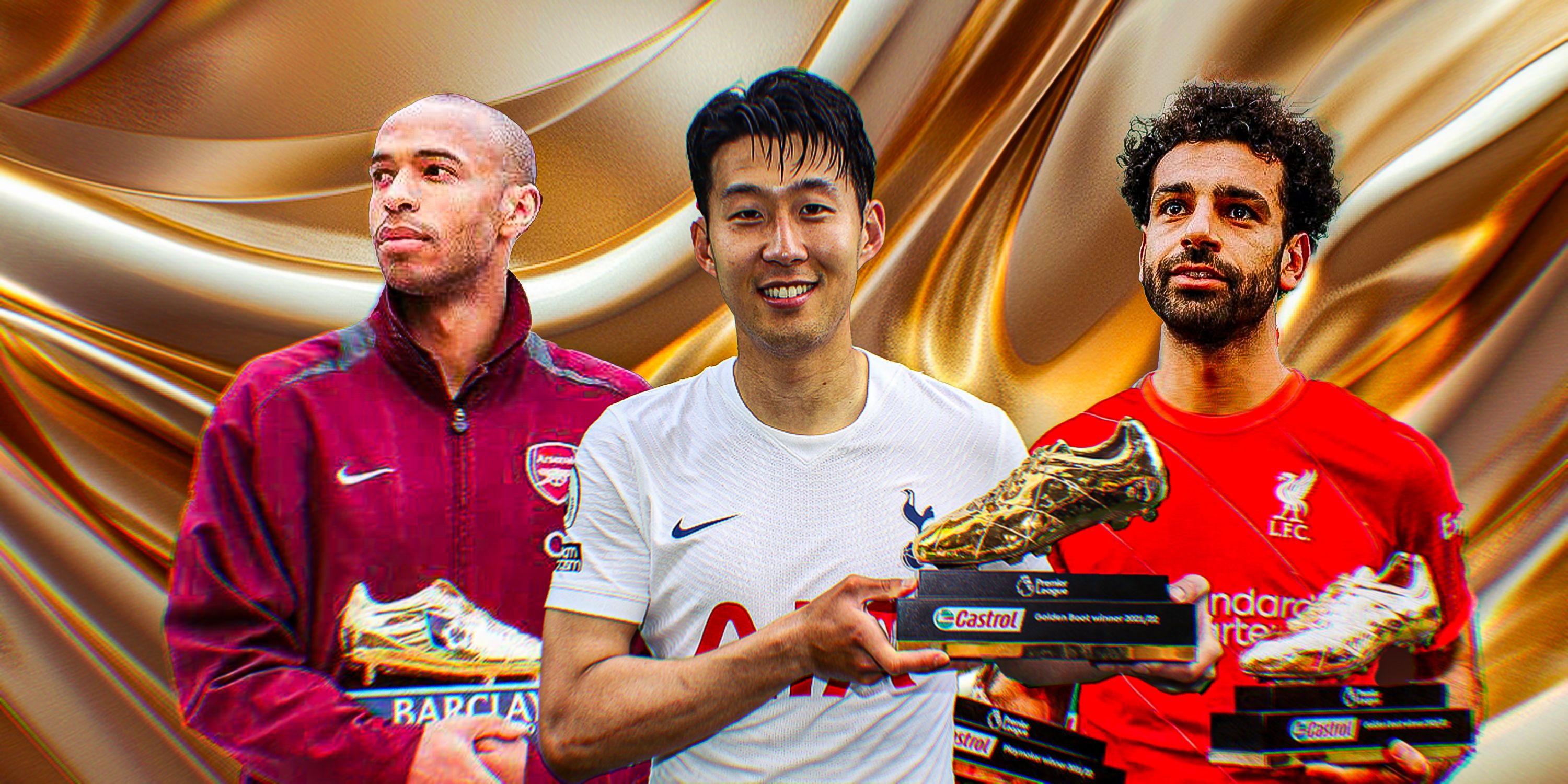 Thierry Henry, Heung-min Son and Mohamed Salah with the Premier League Golden Boot trophy.