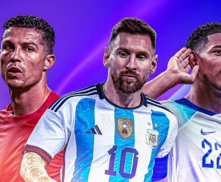Portugal's Cristiano Ronaldo, Argentina's Lionel Messi, and England's Jude Bellingham.