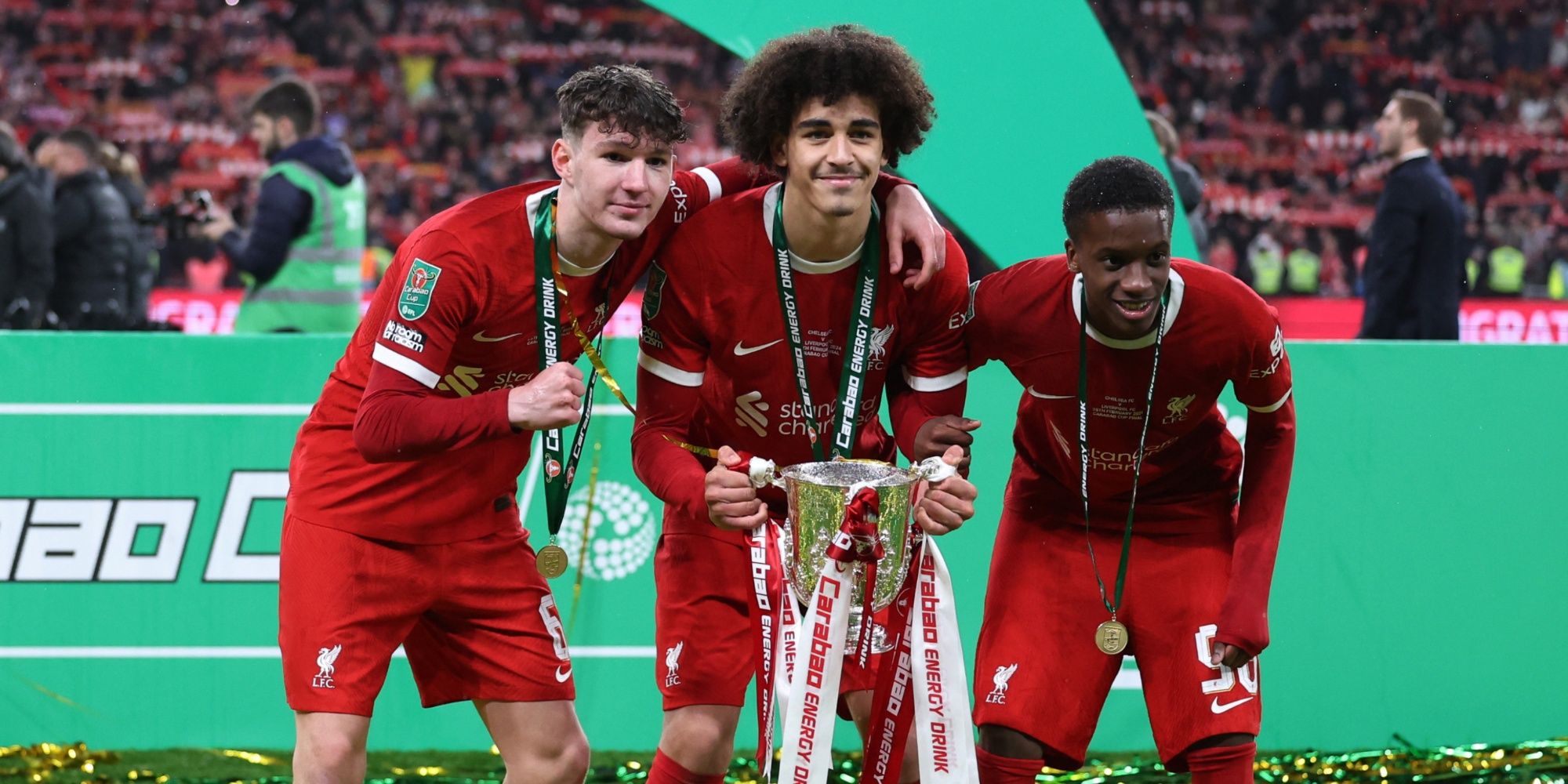 Lewis Koumas with Liverpool youngsters after Carabao Cup win