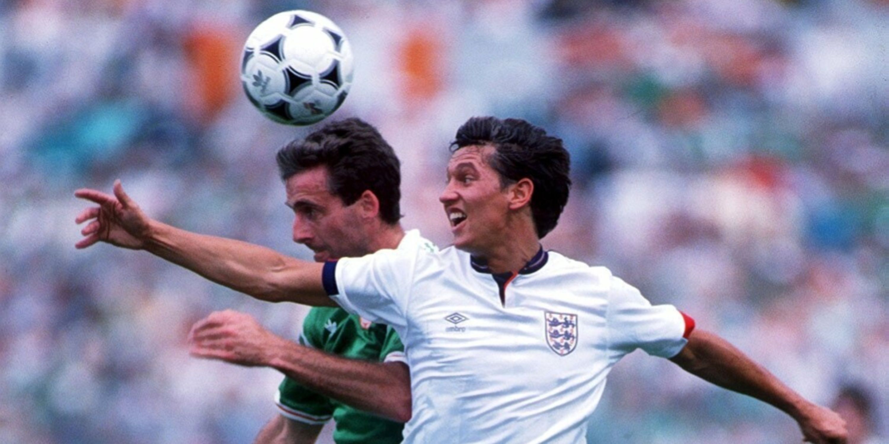 Gary Lineker and Mick McCarthy battle for the ball during the Euro 1988 match between England and the Republic of Ireland. 