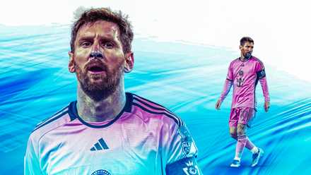 One up close picture of Lionel Messi, and then another further back with him walking