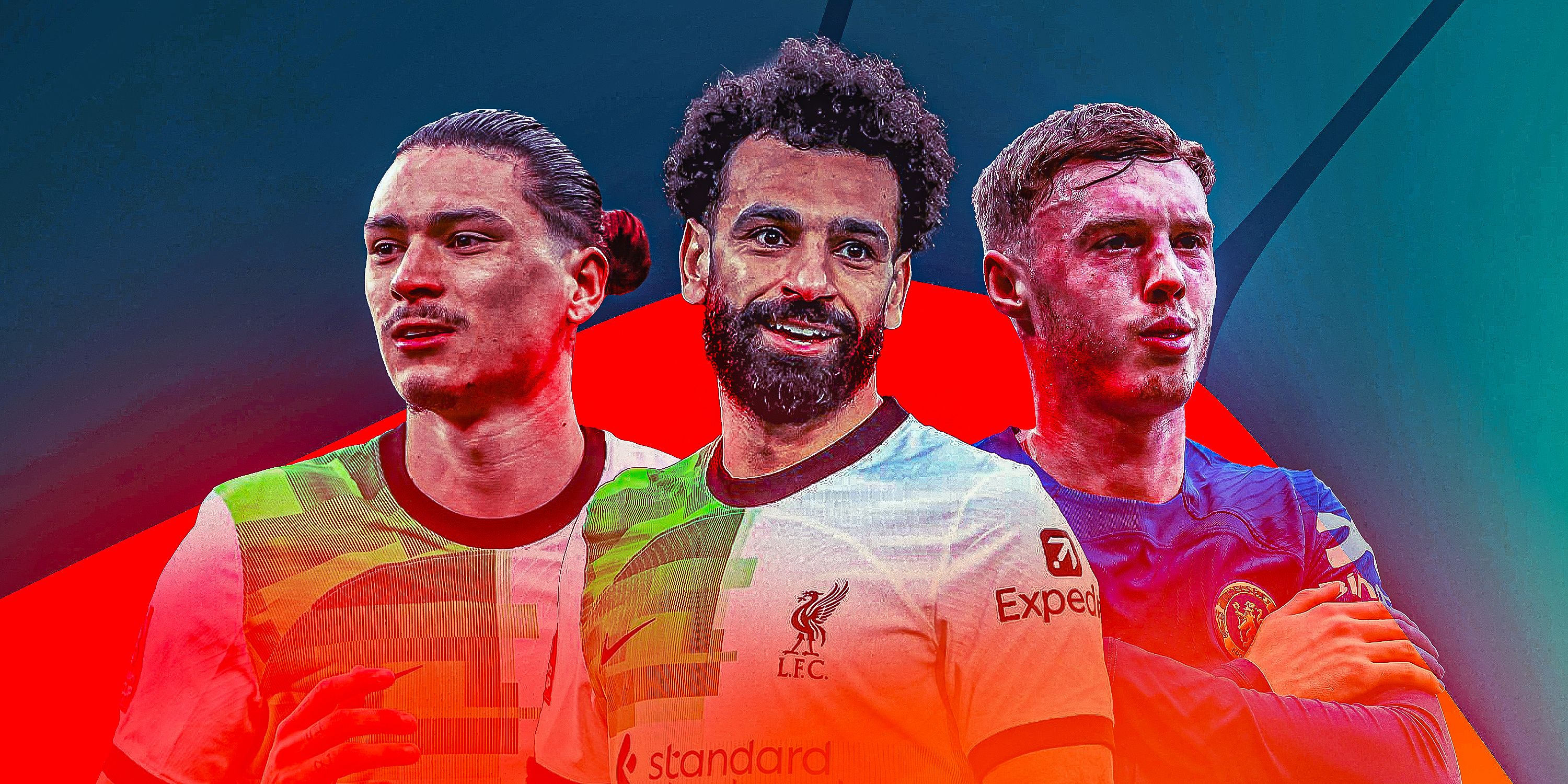 Liverpool forward Mohamed Salah alongside Darwin Nunez and Chelsea star Cole Palmer