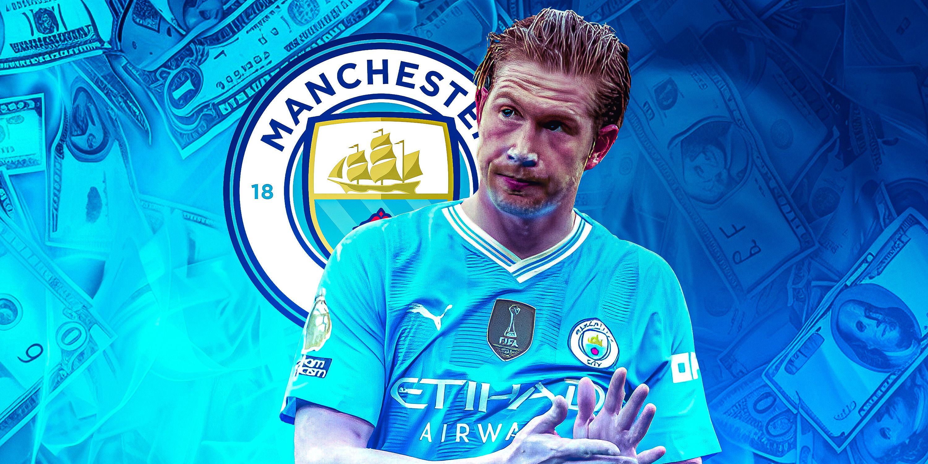 Manchester City's Kevin de Bruyne in front of the club crest.