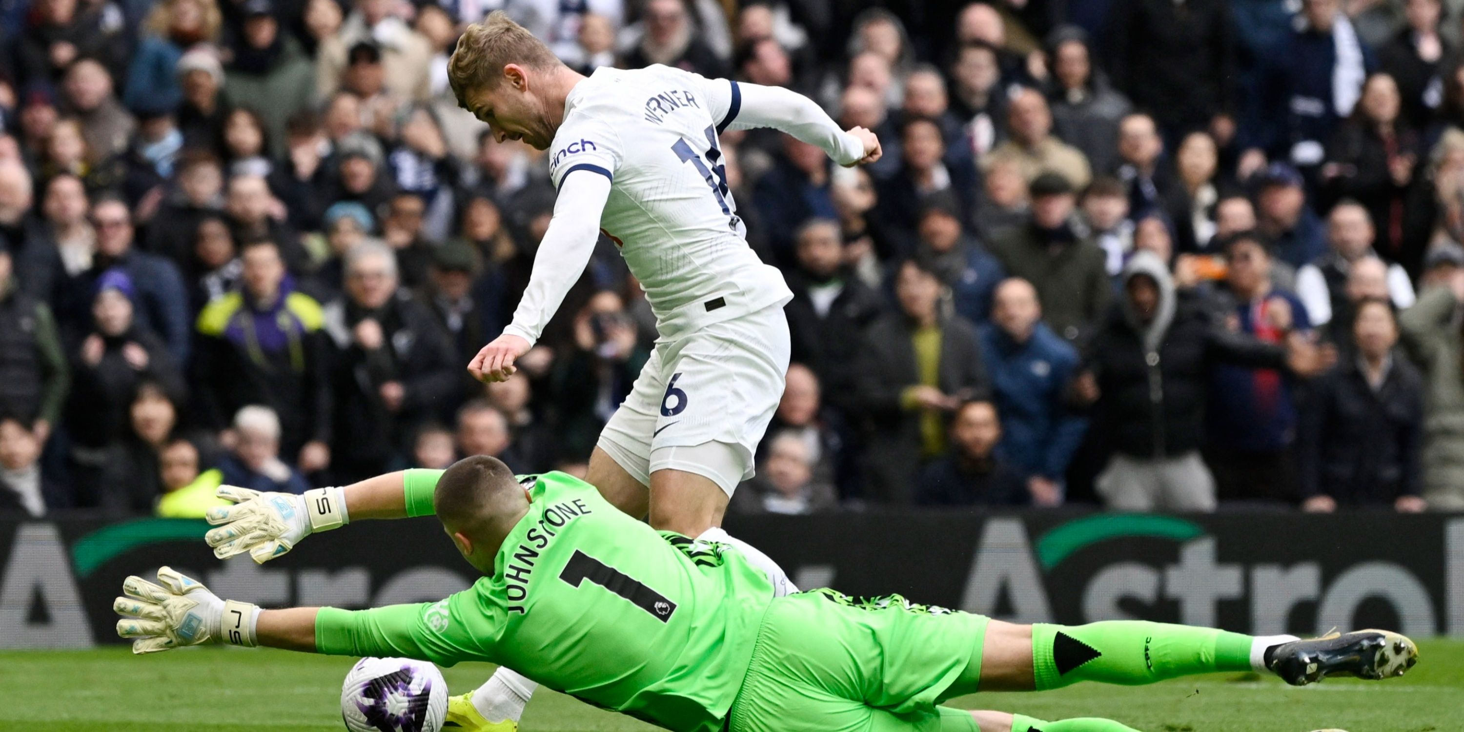 Tottenham Hotspur attacker Timo Werner is stopped by Crystal Palace goalkeeper Sam Johnstone