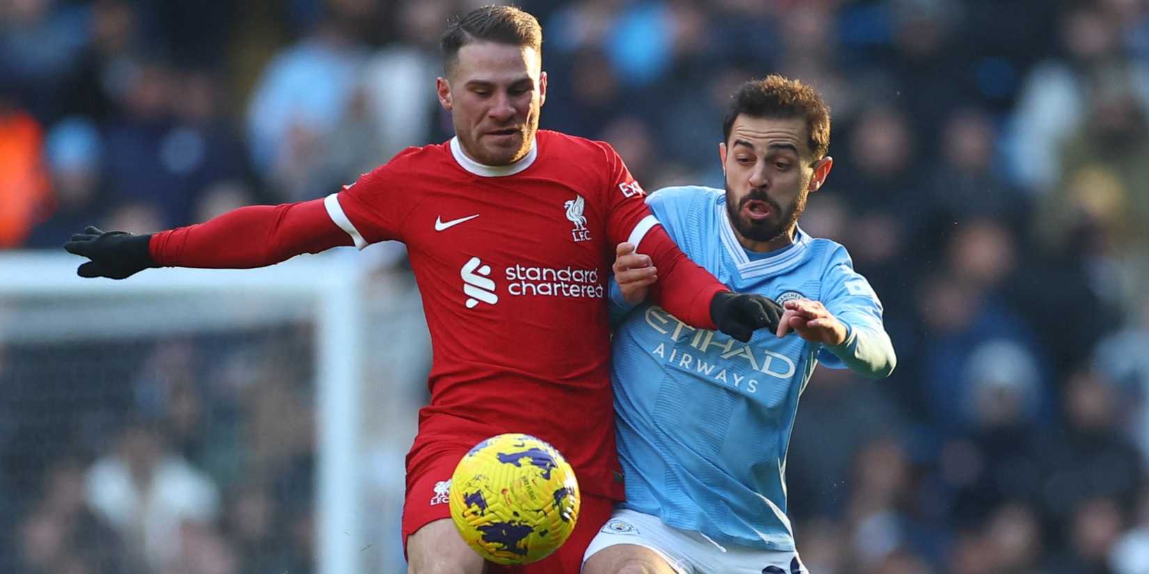 Manchester City's Bernardo Silva in action with Liverpool's Alexis Mac Allister