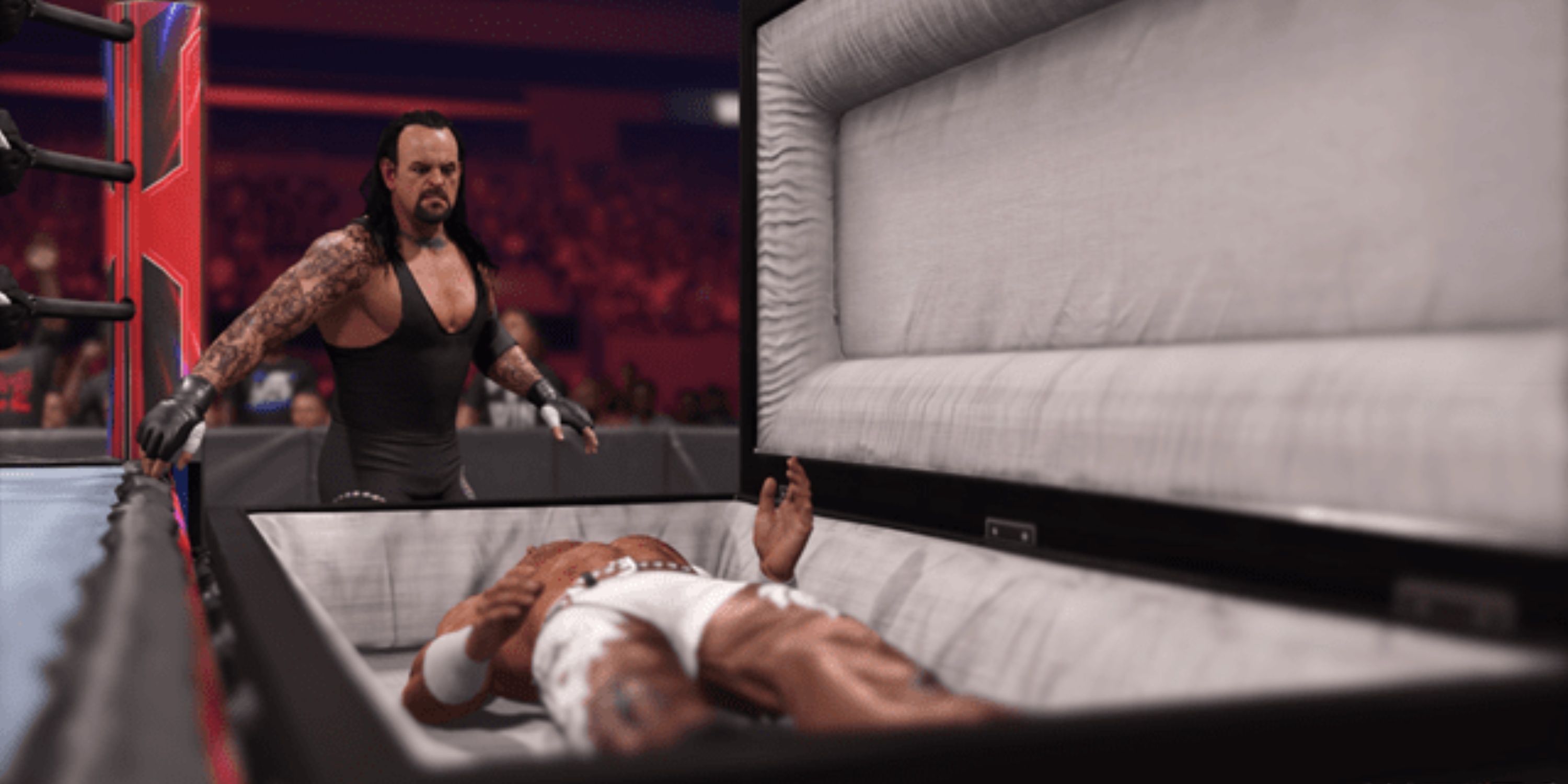The Undertaker wrestling Shawn Michaels in a casket match on WWE 2K24