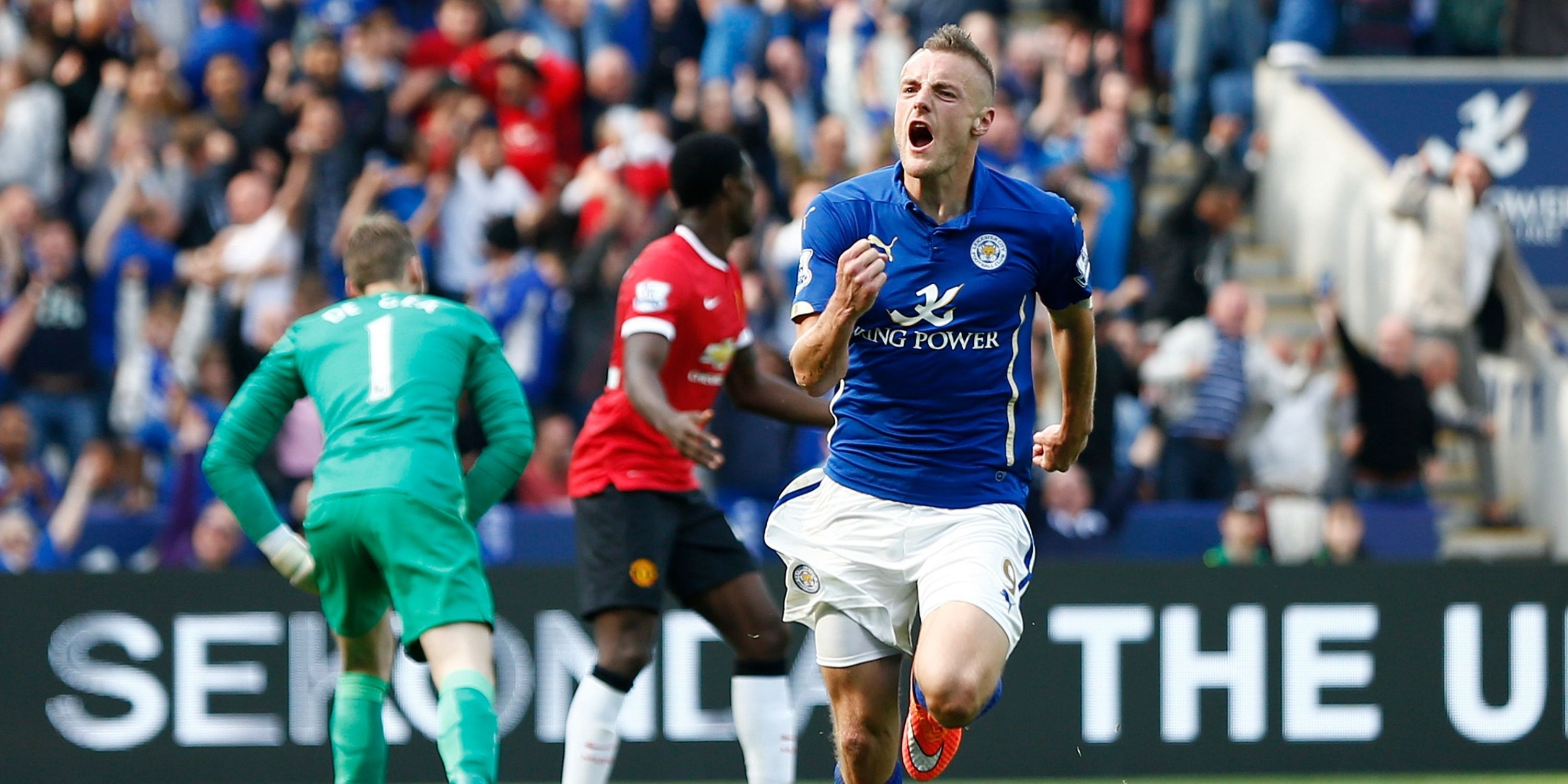 Jamie Vardy celebrating for Leicester City.