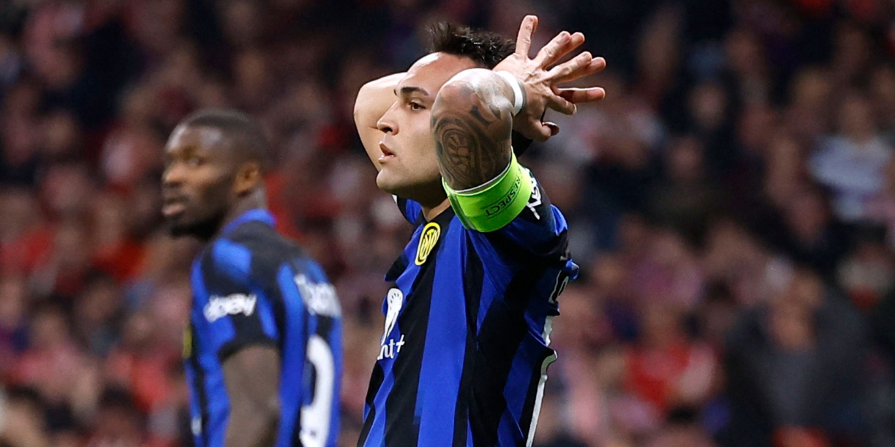 Inter Milan's Lautaro Martinez reacts after missing