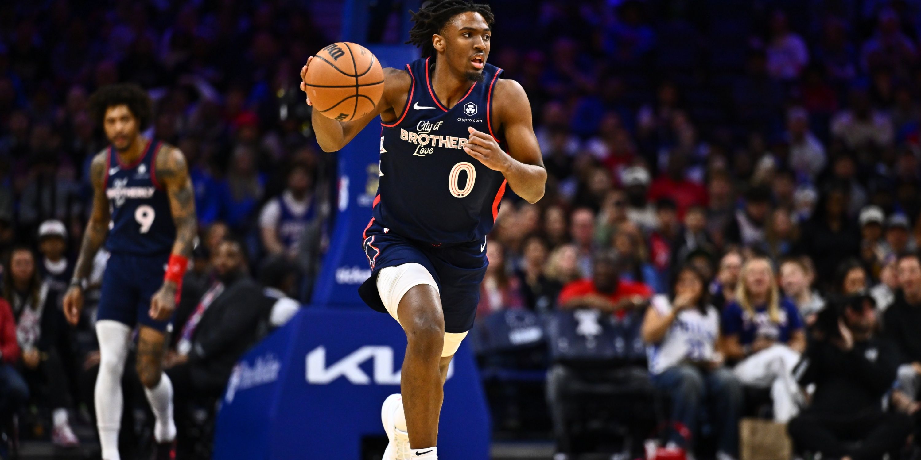 Philadelphia 76ers guard Tyrese Maxey dribbles